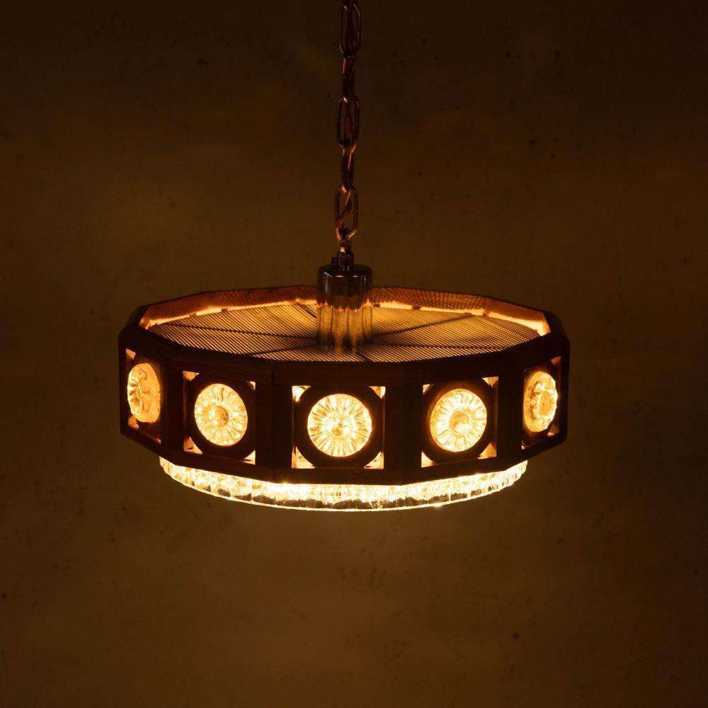 Vintage Glazen En Houten Hanglamp, Jaren 1960, Boheemse Stijl, Zweden