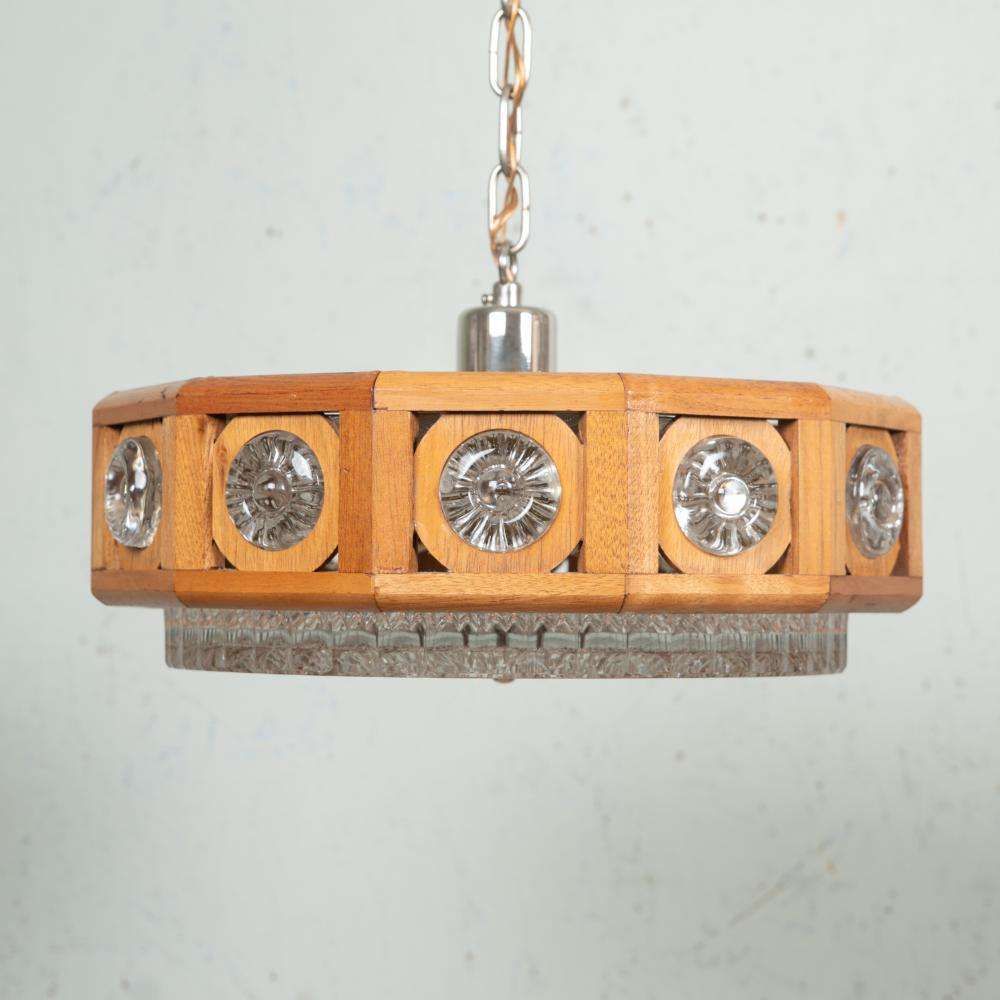 Vintage Glazen En Houten Hanglamp, Jaren 1960, Boheemse Stijl, Zweden photo for sale