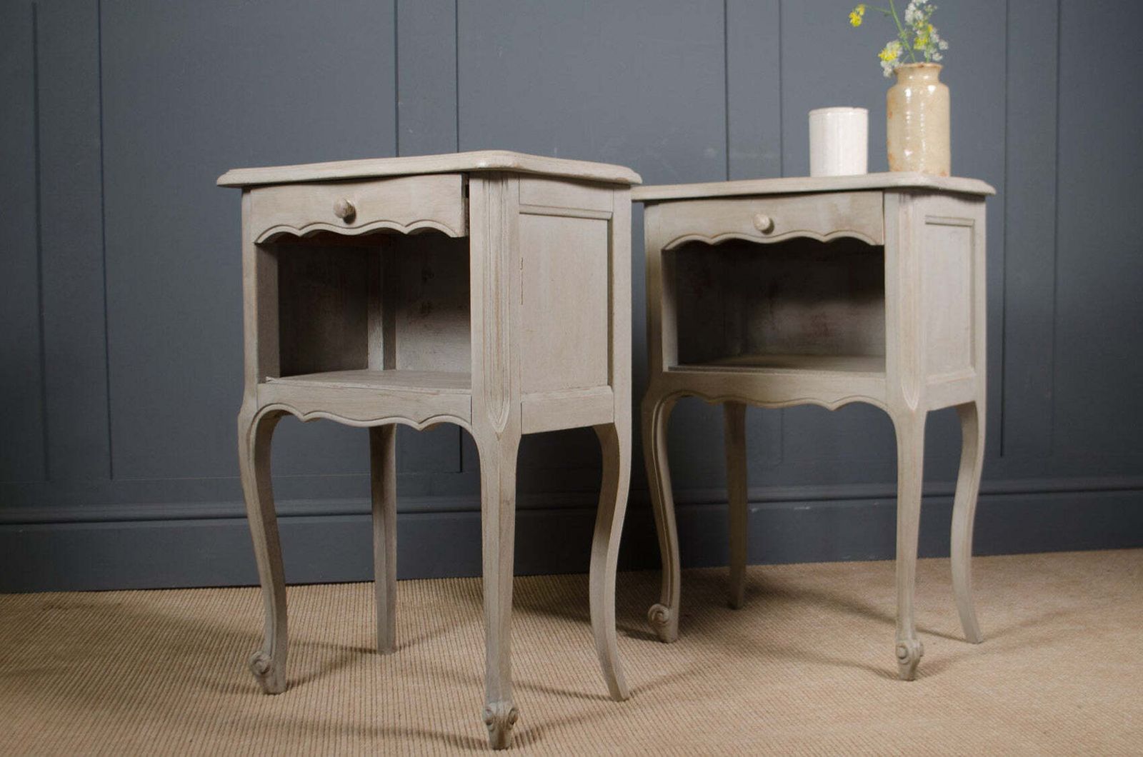 Pair Of Antique French Louis Style Bedside Tables With A Pale Grey Painted Finish