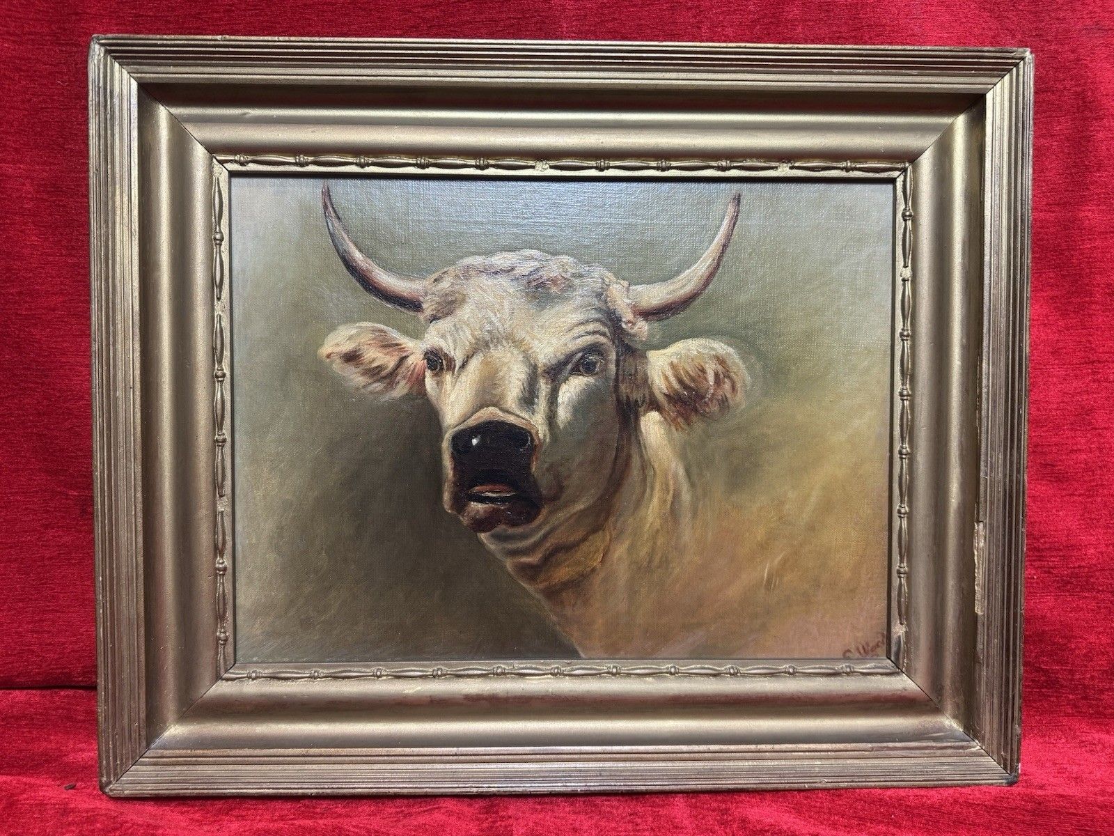 19th Century Prize White Hereford Bull Portrait Oil Painting Signed E Wood photo furniture