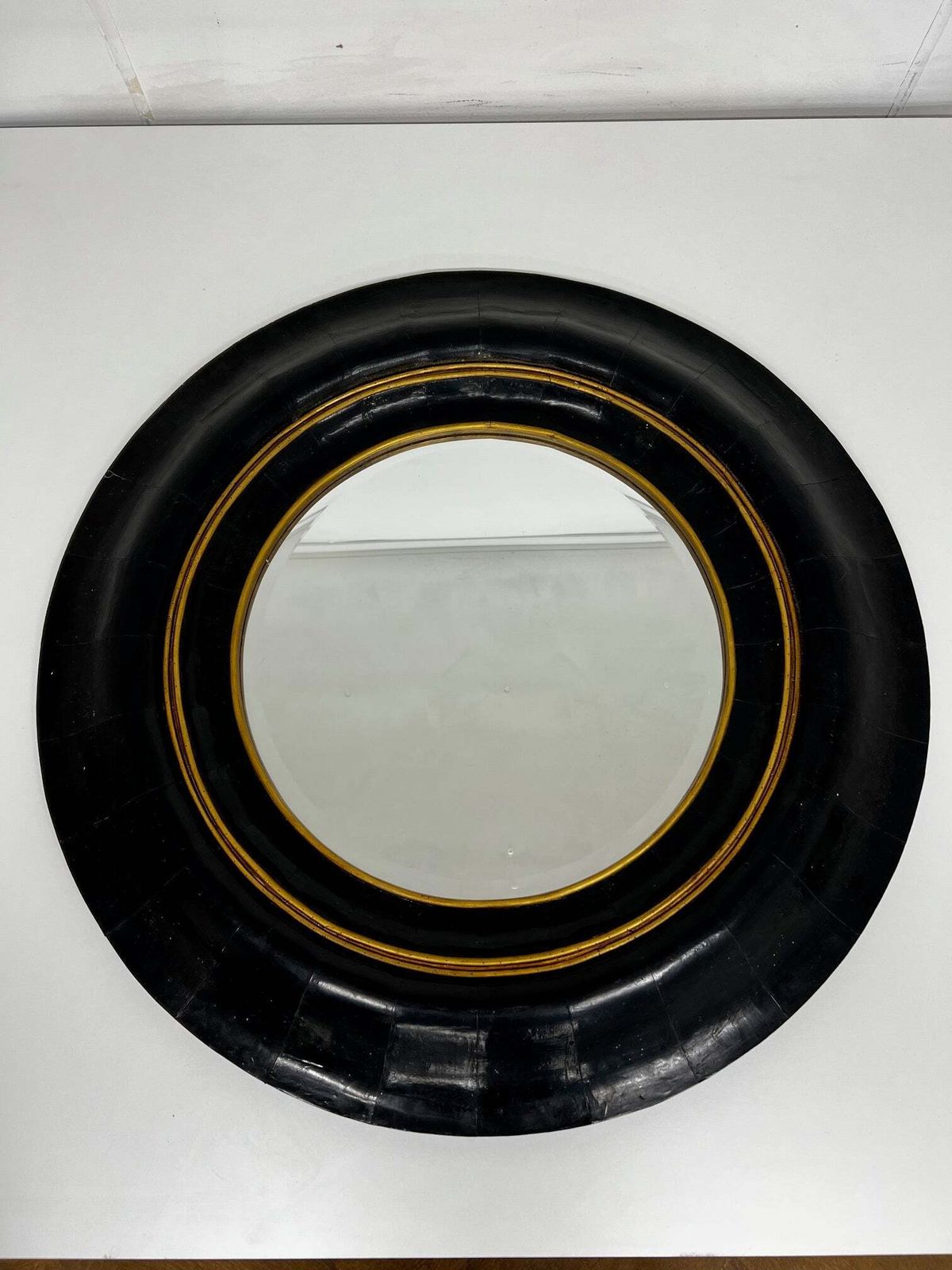 Antique Late 20th Century Black & Gold Round Convex Port Hole Style Wall Mirror photo for sale