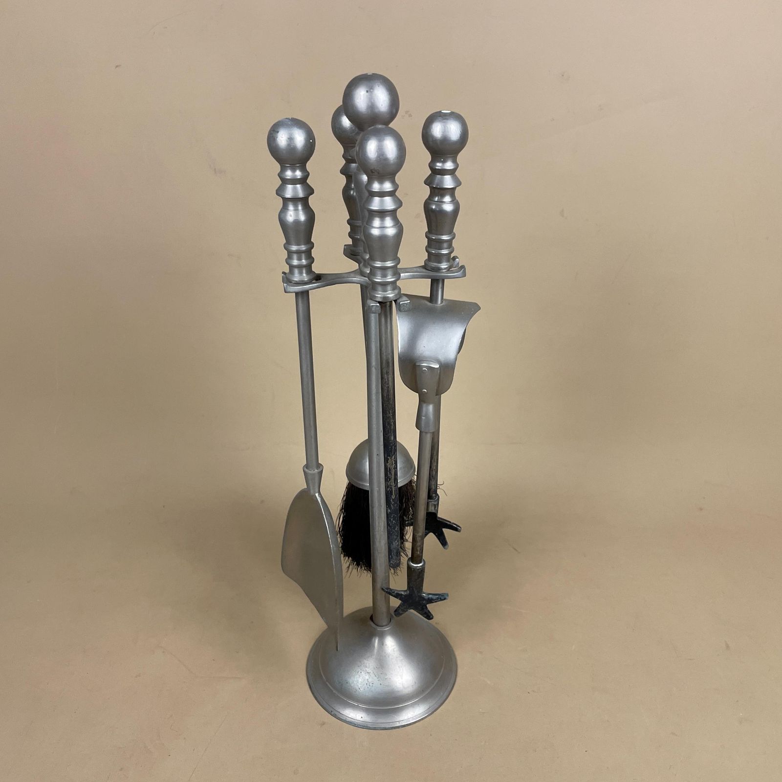 Antique Silver Metal Fireside Tools Stand Vintage Companion Set Fireplace Fireside Fire Farmhouse Cottage Four Piece 4 Round Base.