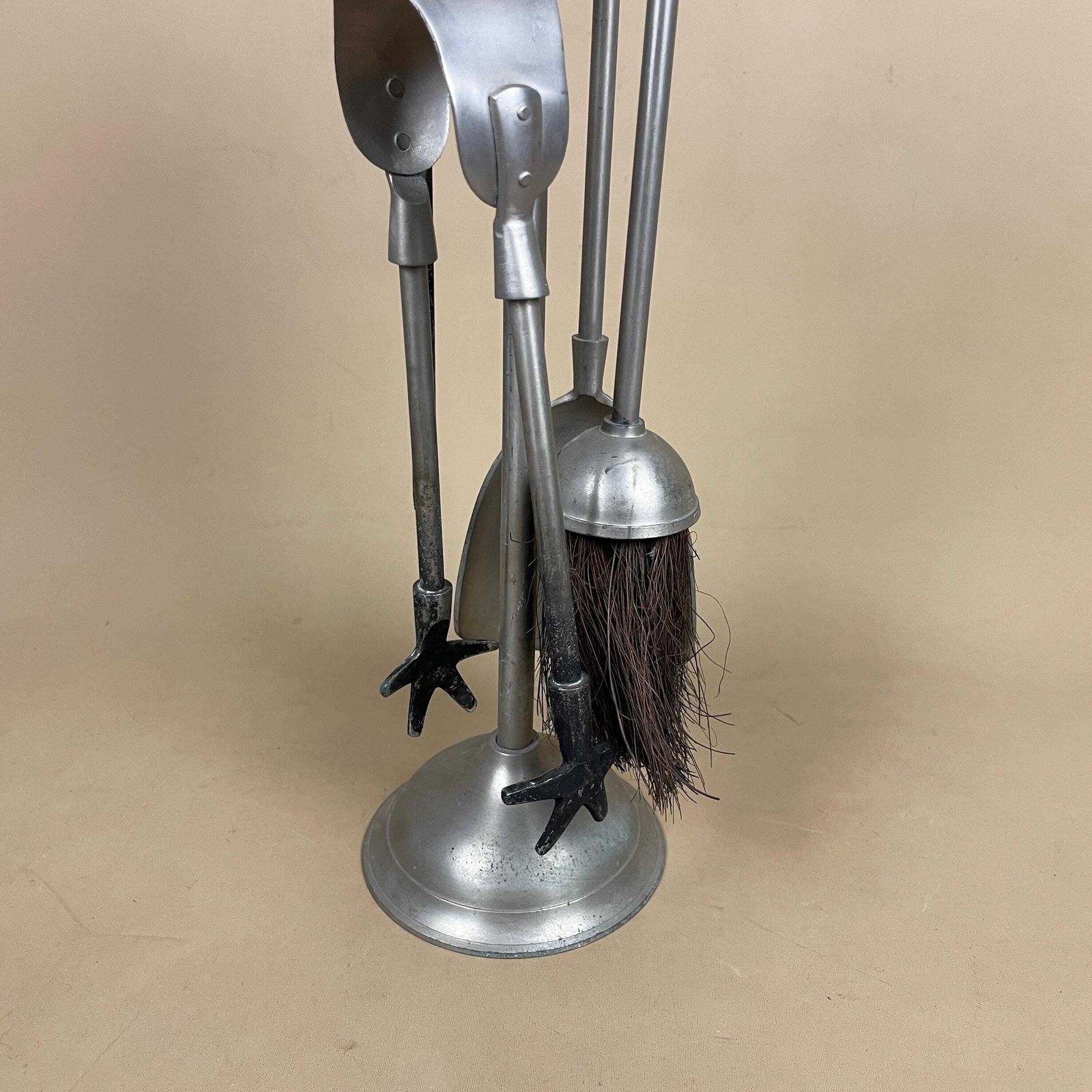 Antique Silver Metal Fireside Tools Stand Vintage Companion Set Fireplace Fireside Fire Farmhouse Cottage Four Piece 4 Round Base. photo for sale