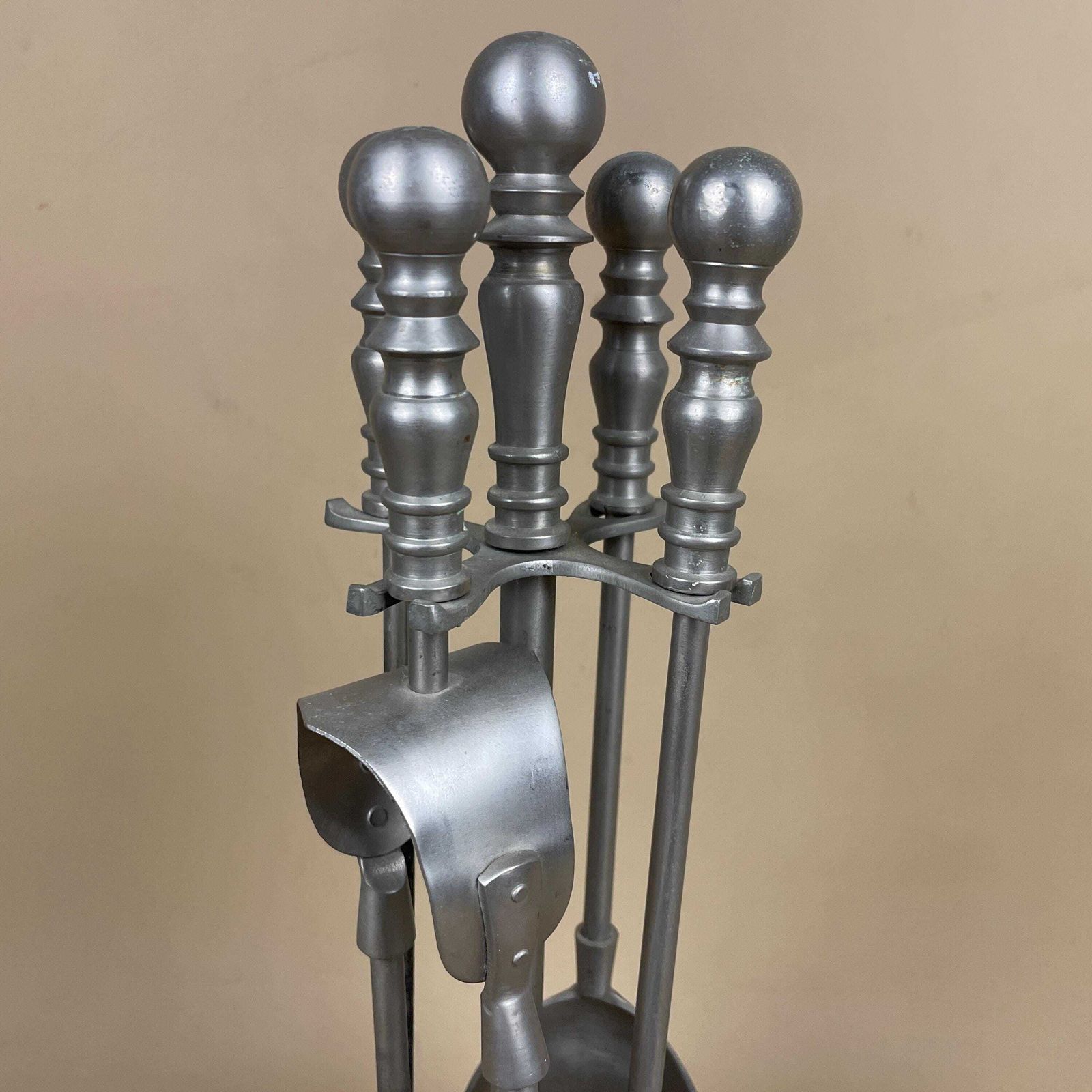 Antique Silver Metal Fireside Tools Stand Vintage Companion Set Fireplace Fireside Fire Farmhouse Cottage Four Piece 4 Round Base. photo Home Fixtures
