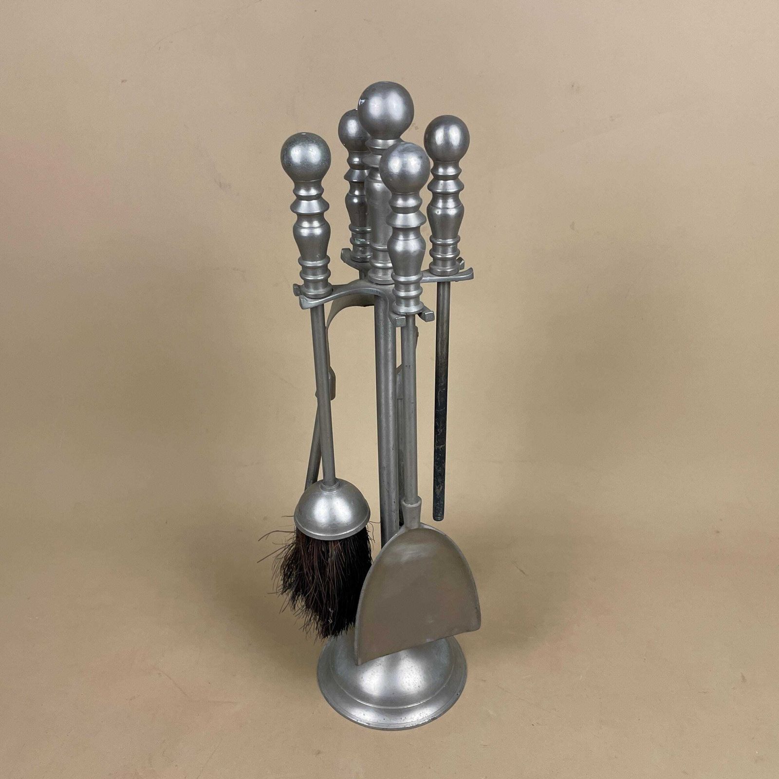 Antique Silver Metal Fireside Tools Stand Vintage Companion Set Fireplace Fireside Fire Farmhouse Cottage Four Piece 4 Round Base. photo 85.0