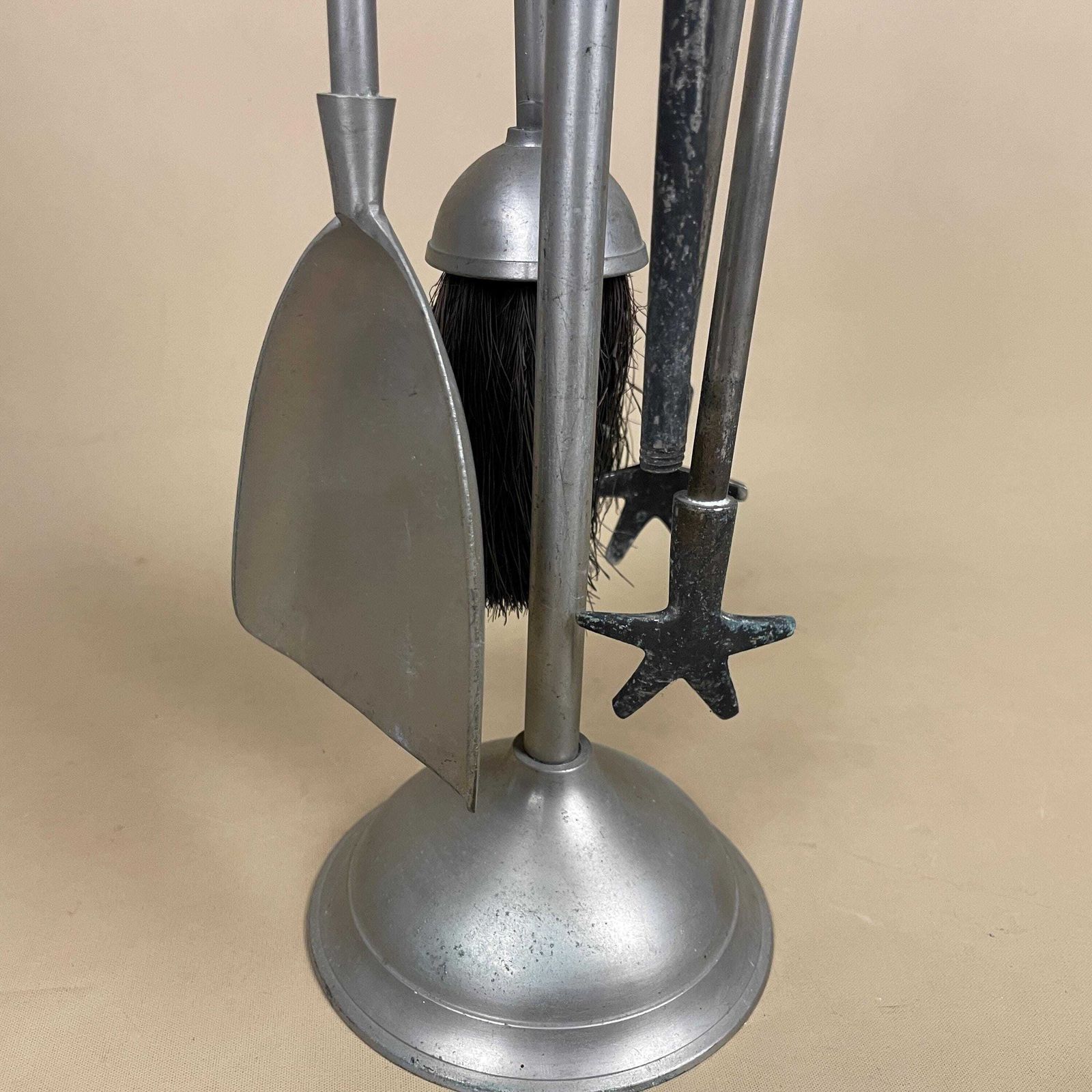 Antique Silver Metal Fireside Tools Stand Vintage Companion Set Fireplace Fireside Fire Farmhouse Cottage Four Piece 4 Round Base. photo buy