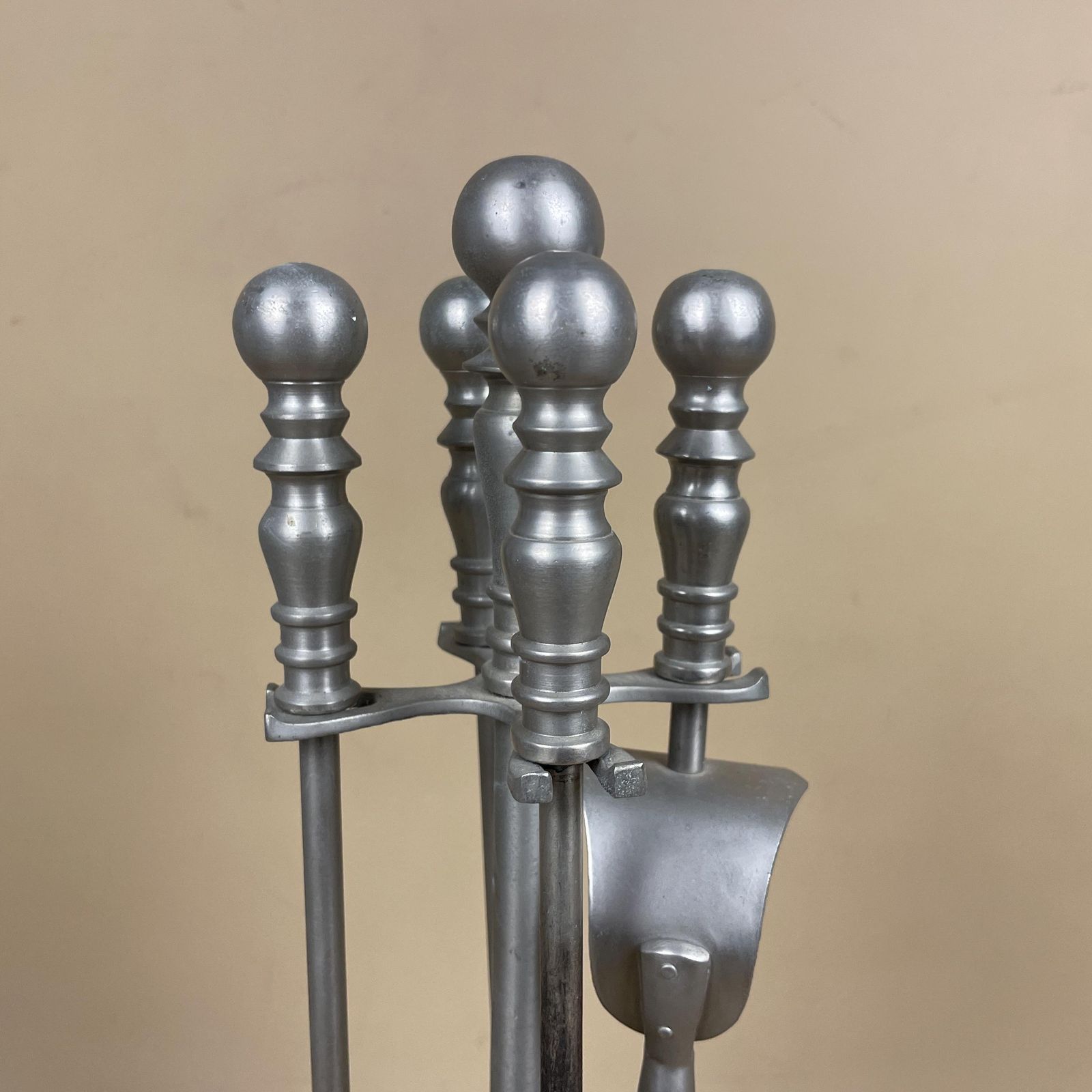 photo furniture Antique Silver Metal Fireside Tools Stand Vintage Companion Set Fireplace Fireside Fire Farmhouse Cottage Four Piece 4 Round Base.