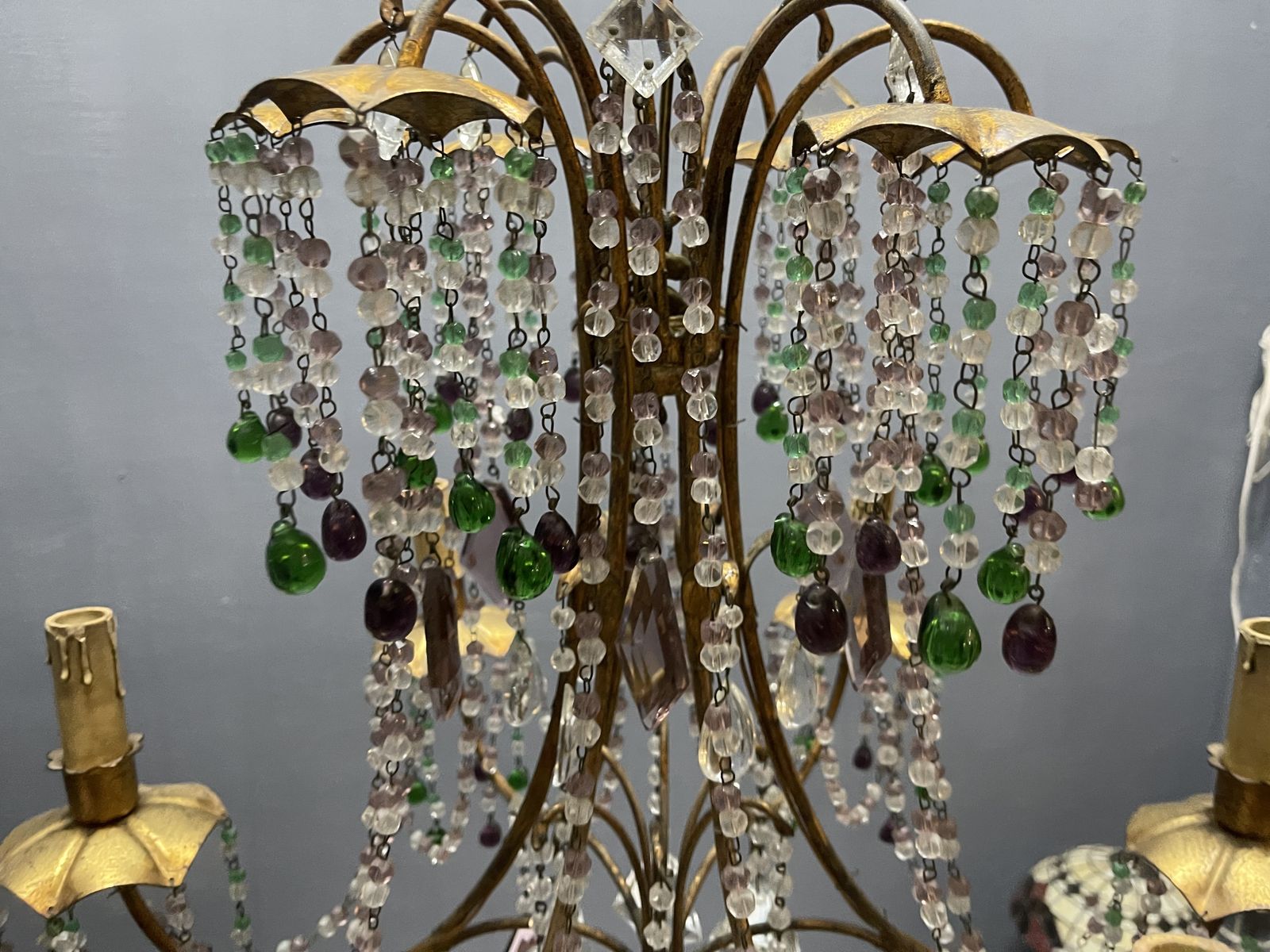 photo for sale 1950s Italian Florentine Tole Gilt Murano Glass Beaded 6 Light Chandelier