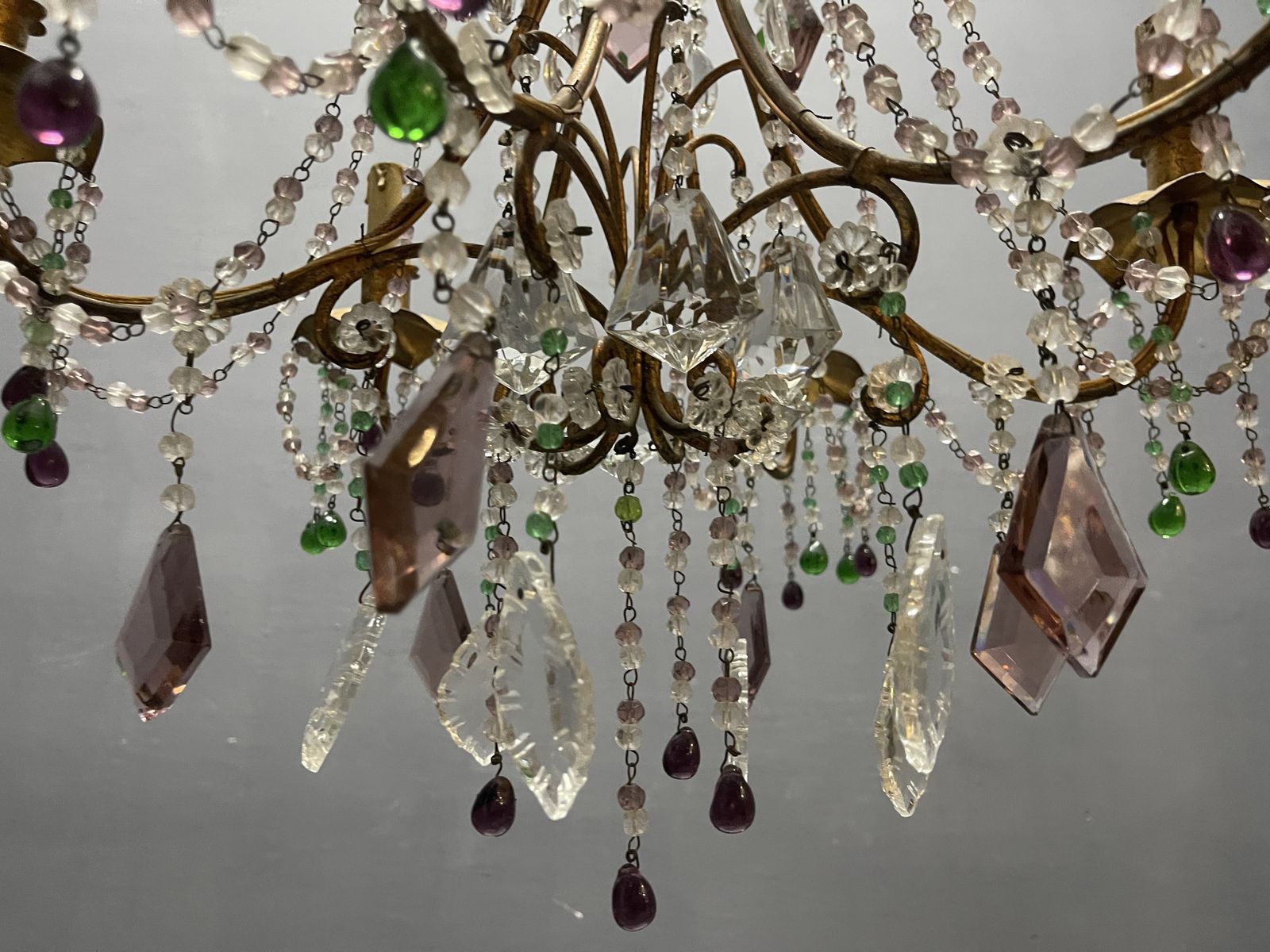 photo buy 1950s Italian Florentine Tole Gilt Murano Glass Beaded 6 Light Chandelier
