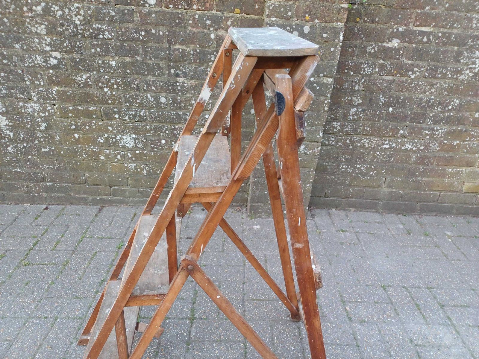 Antique Wooden Step Ladder Early 20th Century Pine Stand Rustic Shelving Display Clothes Rack Shabby Chic Folding Decor photo for sale