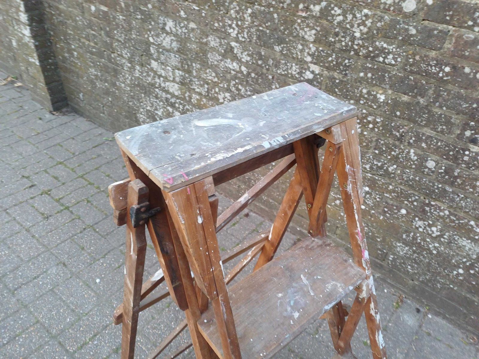 Antique Wooden Step Ladder Early 20th Century Pine Stand Rustic Shelving Display Clothes Rack Shabby Chic Folding Decor photo 225.0