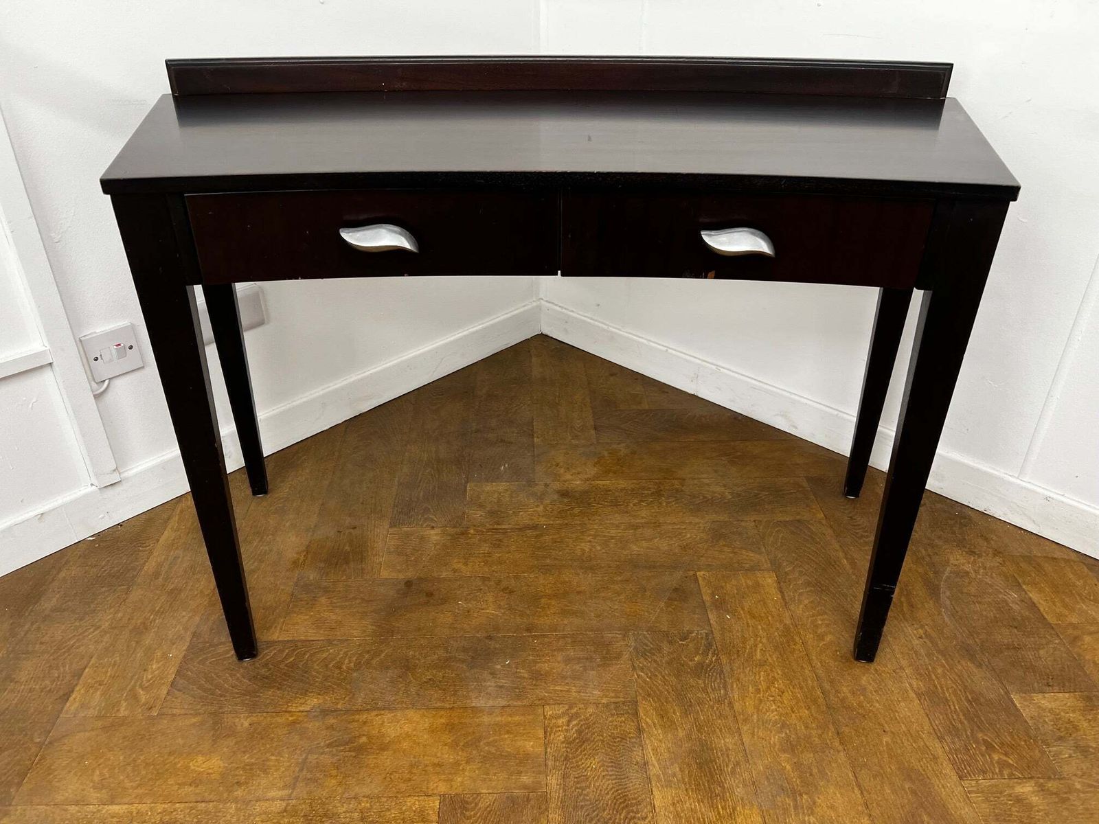A Italian Curved 2 Drawer Dressing/Side Console Table Stained Dark Mahogany With Glass Top photo buy