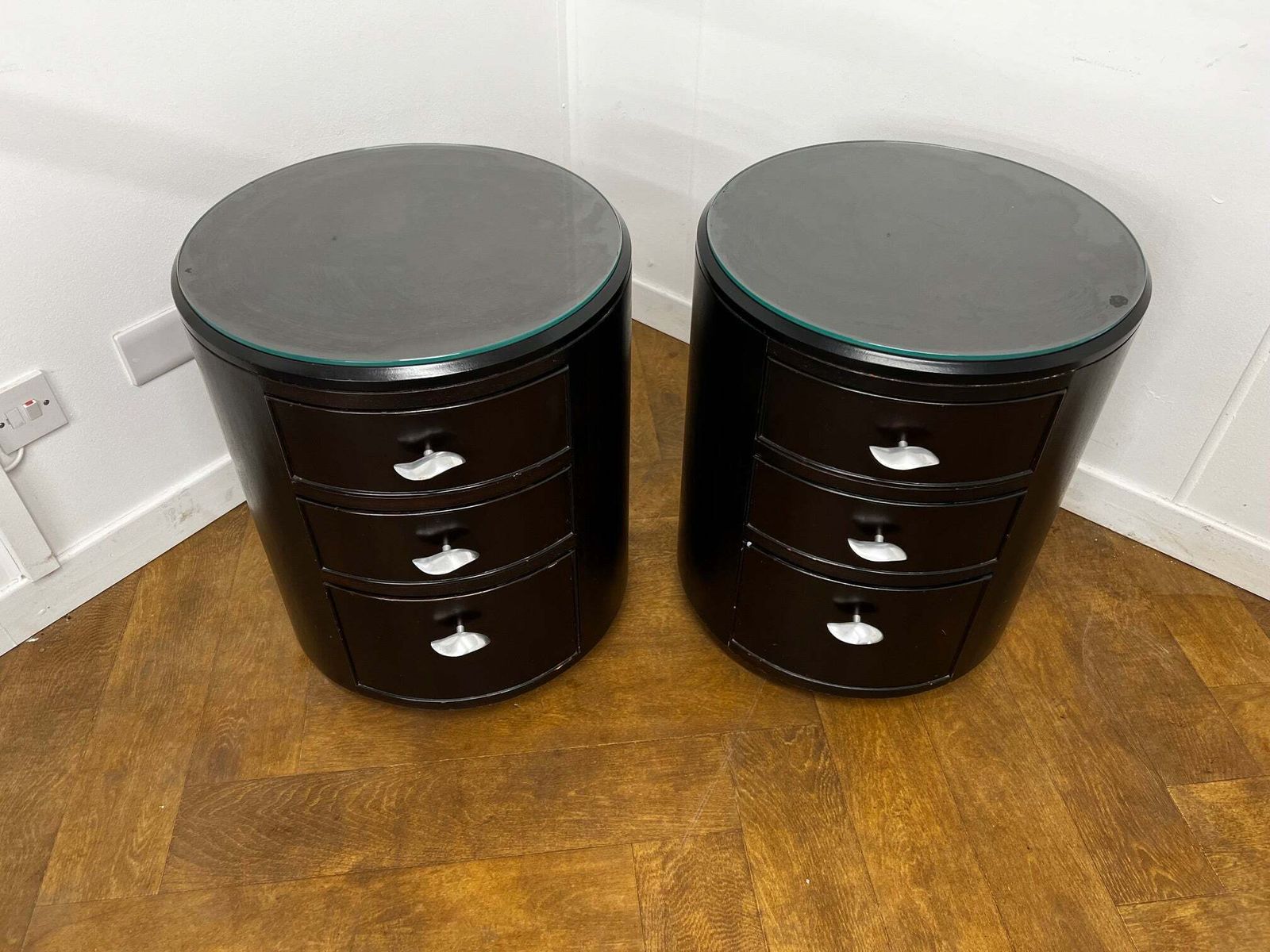 A Pair Of Italian Cylindrical 3 Drawer Beside Drawers In Stained Dark Mahogany With Glass Top photo furniture