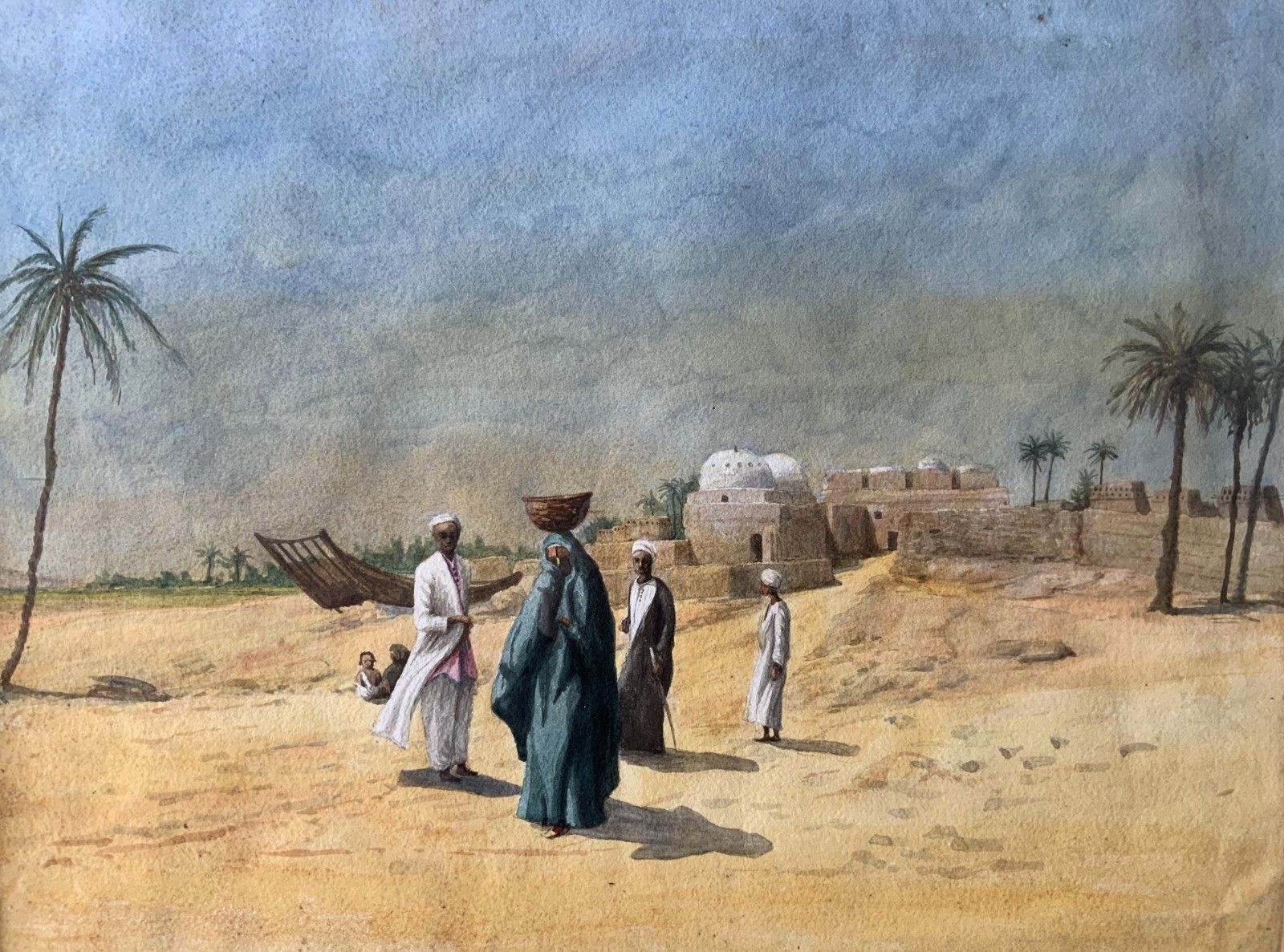 Early 20th Century Antique Arabian Landscape Watercolour & Gouache Painting photo furniture