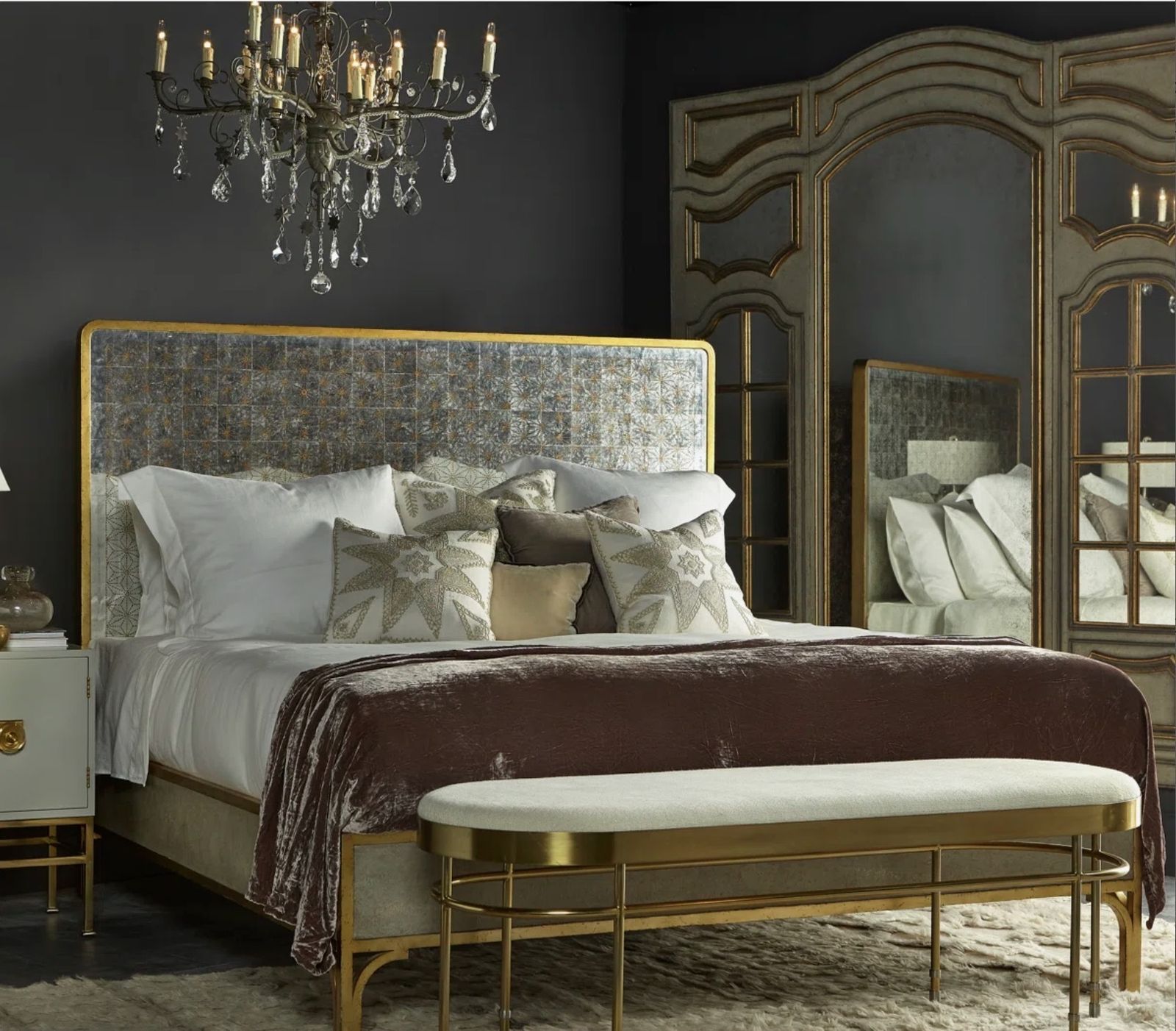 Tracey Boyd For Sonder Living Mirrored Eglomisé Bed Frame – Gold Leaf Detail photo vinterior