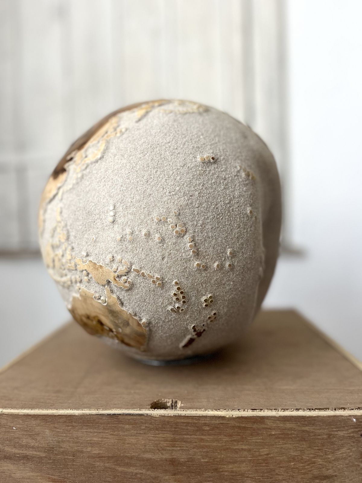 photo furniture White Teak Wood & Volcanic Sand Globe 25 Cm By Bruno Helgen I D 091 Contemporary Wood Globe Sculpture