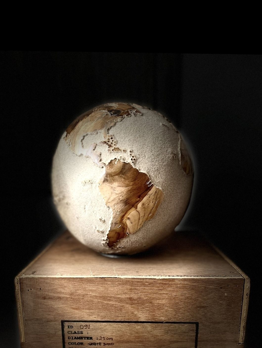 White Teak Wood & Volcanic Sand Globe 25 Cm By Bruno Helgen I D 091 Contemporary Wood Globe Sculpture