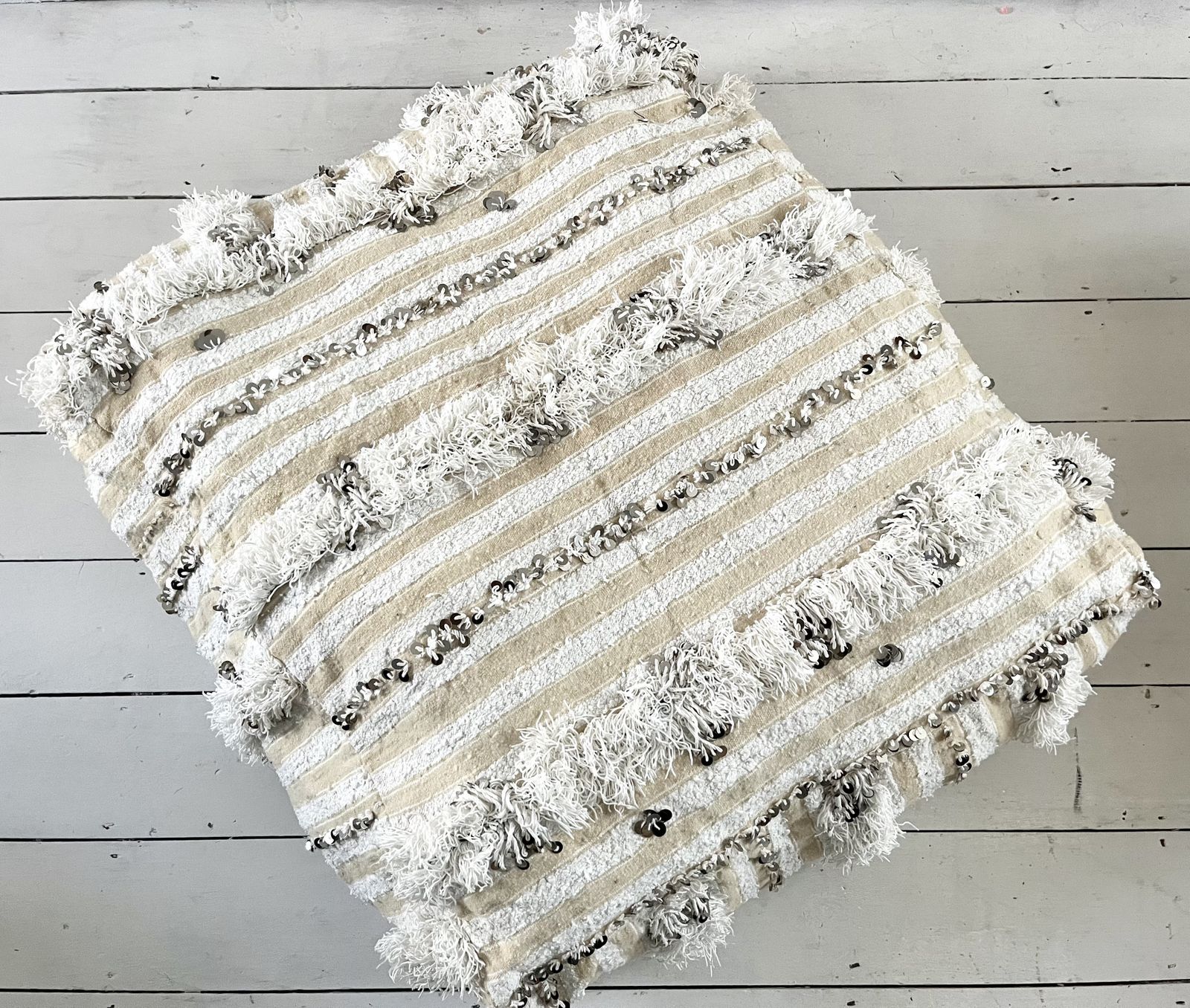 photo for sale Moroccan Handira Pouf Xl Vintage Berber Carpet Pouf Handmade Pouf Ottoman Square Pouf