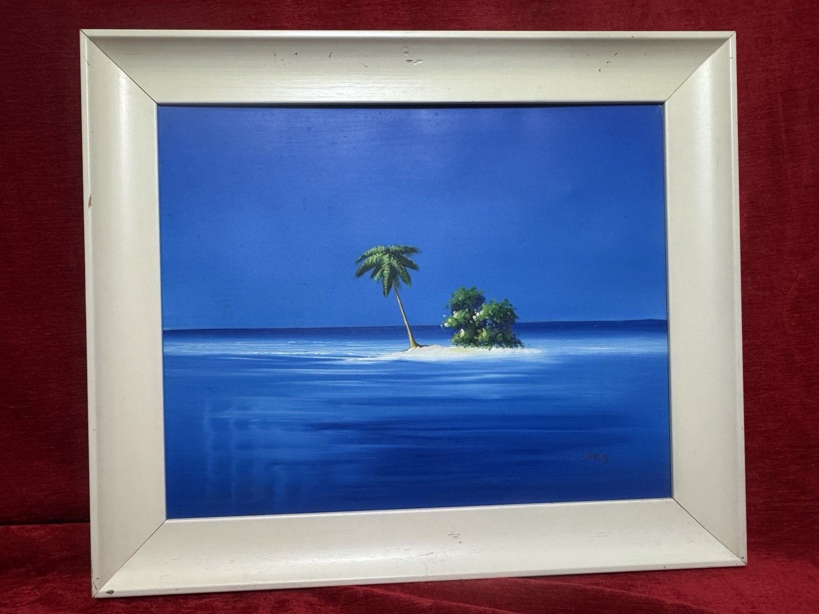 photo vintage Pair Tropical Paradise Island Beach Scene Oil Paintings Manner Of Henderson Cisz