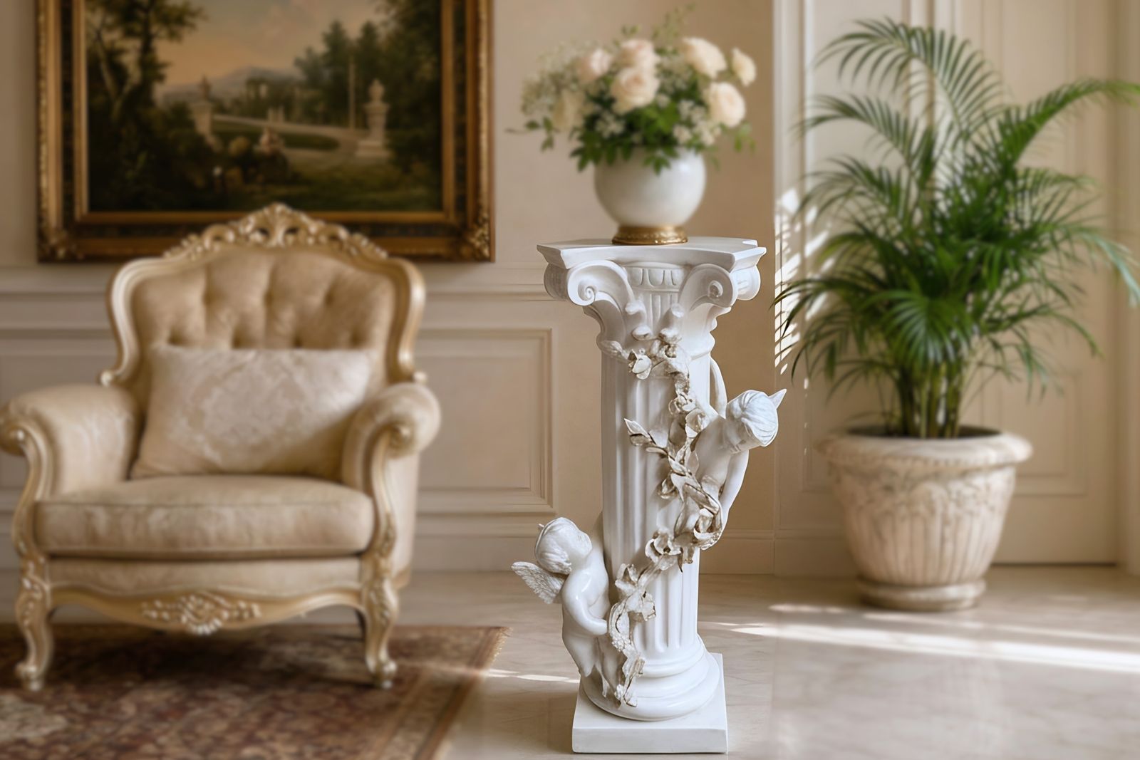 Elegante Colonna Con Angeli In Ceramica – Stile Neo Barocco (Anni '80)
