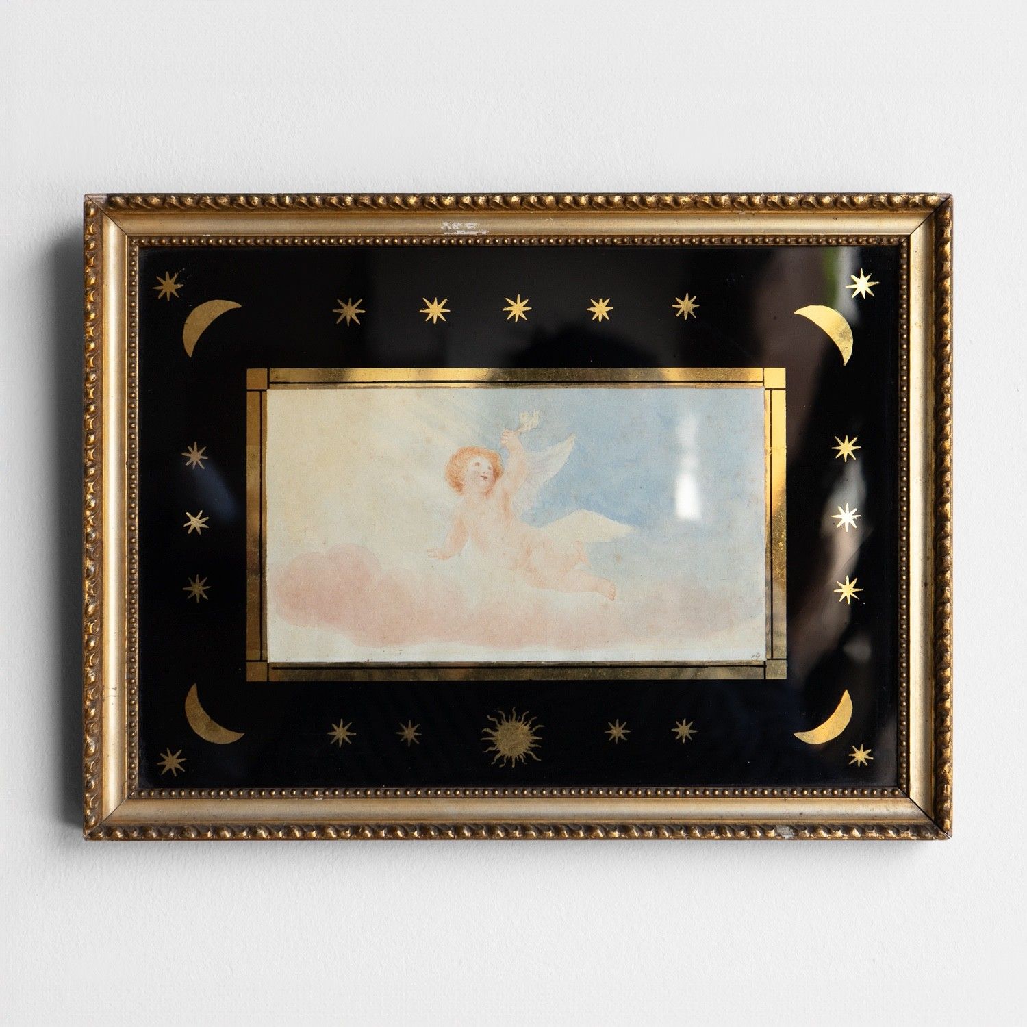 Small Antique Cherub Watercolour In Moon And Star Verre Egolisme Frame, 19th C