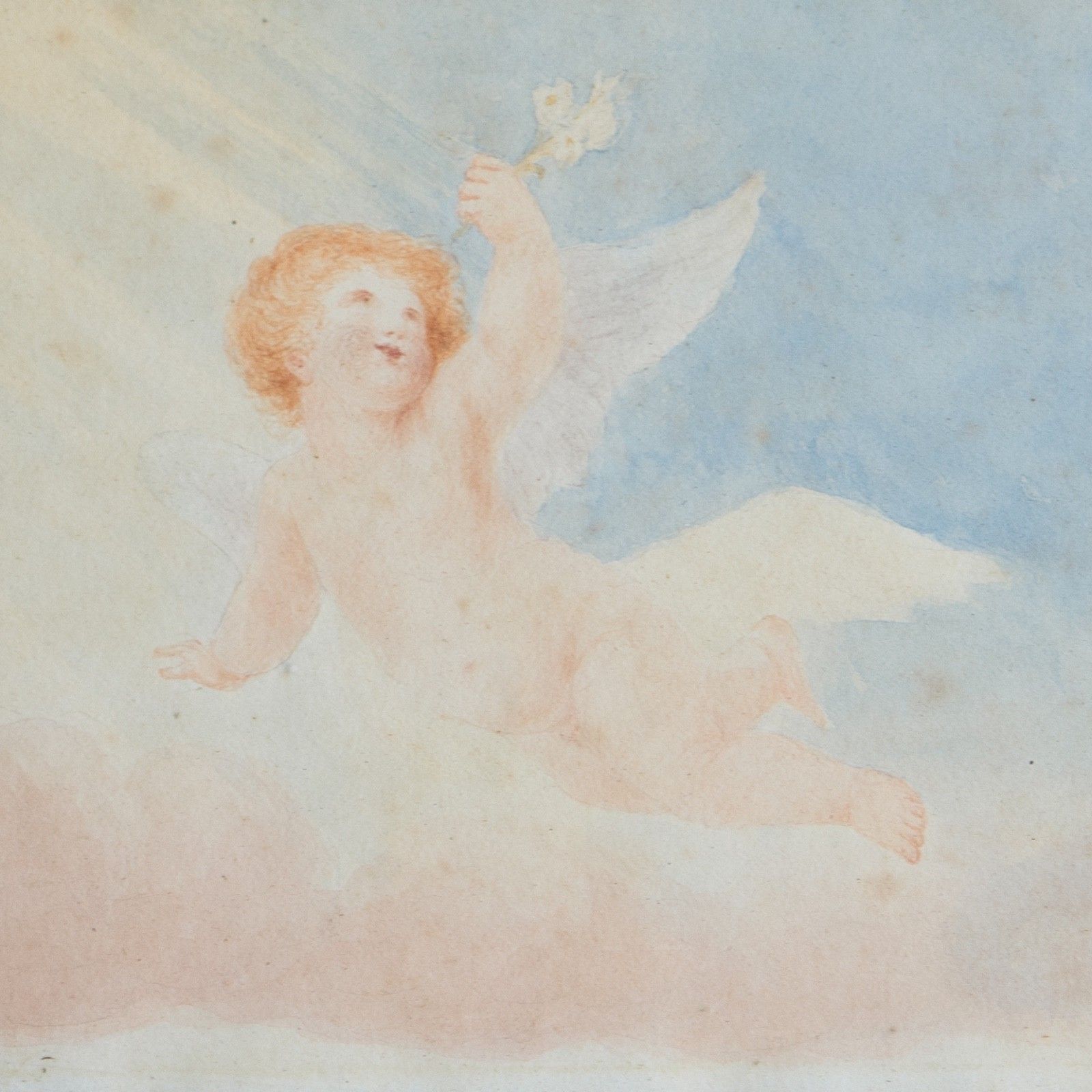 Small Antique Cherub Watercolour In Moon And Star Verre Egolisme Frame, 19th C photo for sale