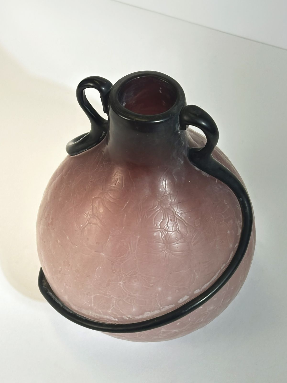 Art Nouveau Style Vase, Pink Satin Glass With Black Applied Trails, Italy 1980s photo 450.0