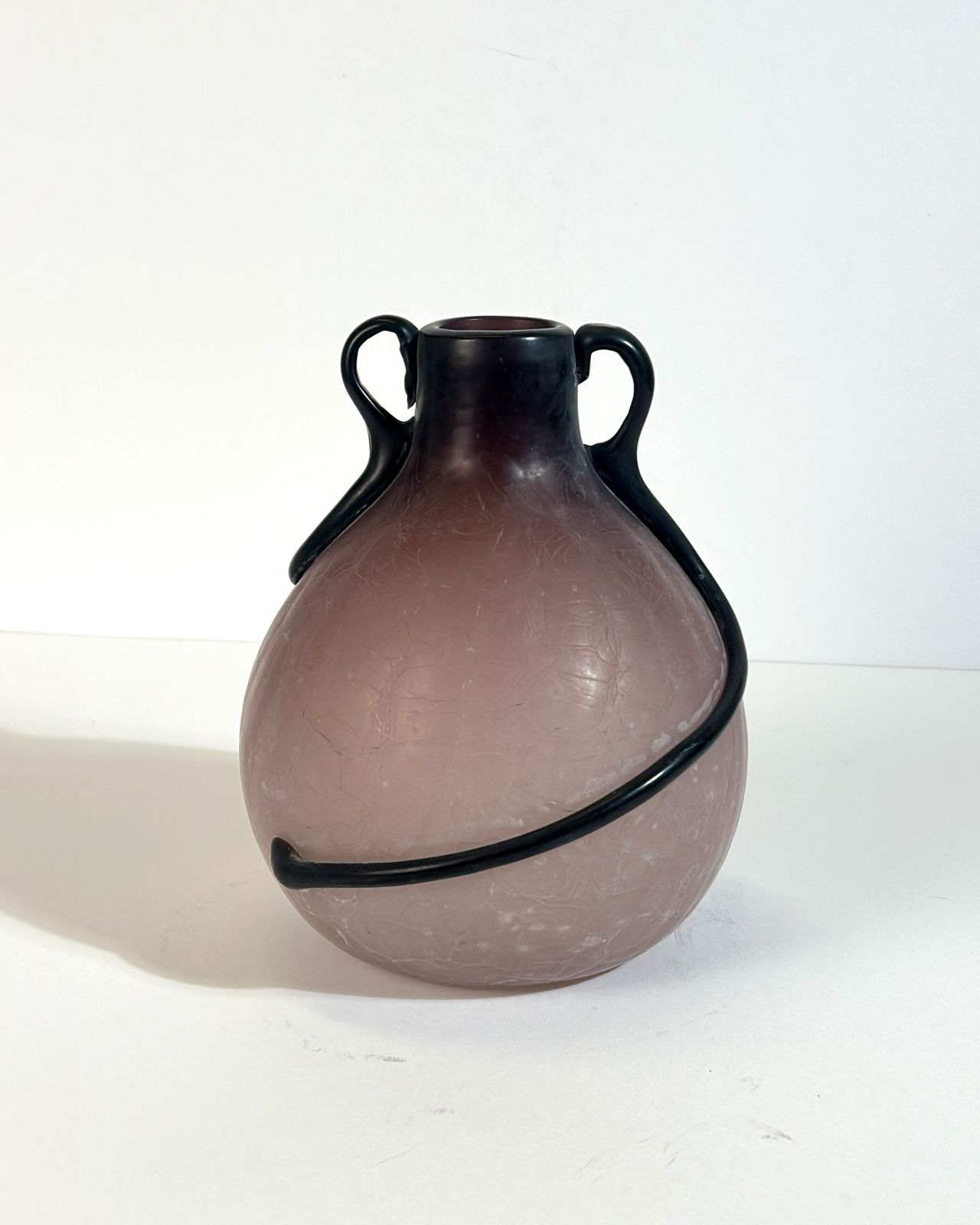 photo for sale Art Nouveau Style Vase, Pink Satin Glass With Black Applied Trails, Italy 1980s
