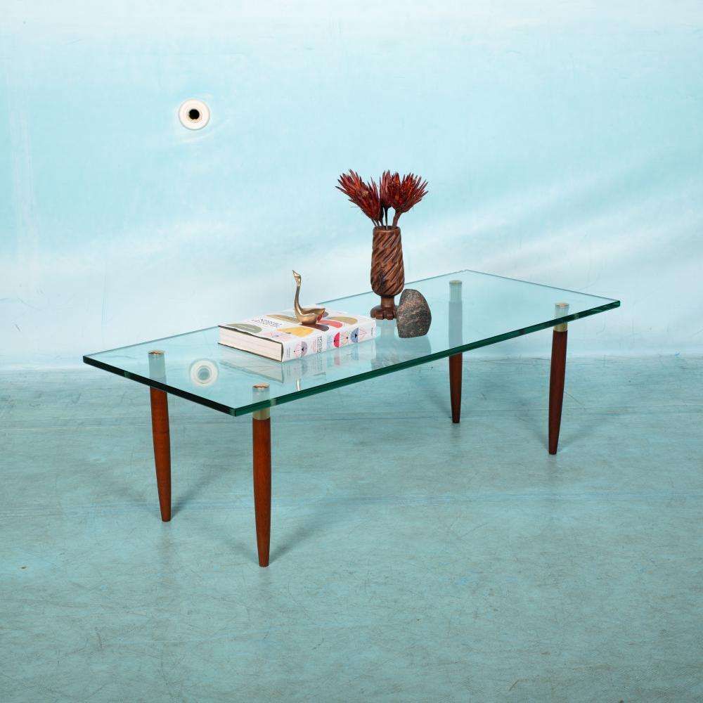 Vintage Coffee Table Glass Teak Brass, Midmod Coffee Table photo for sale