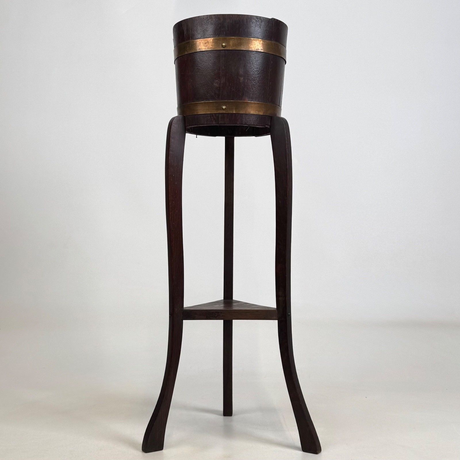 Antique 20th Century Brass Bound Barrel Plant Stand In Oak ( Af 5633 )