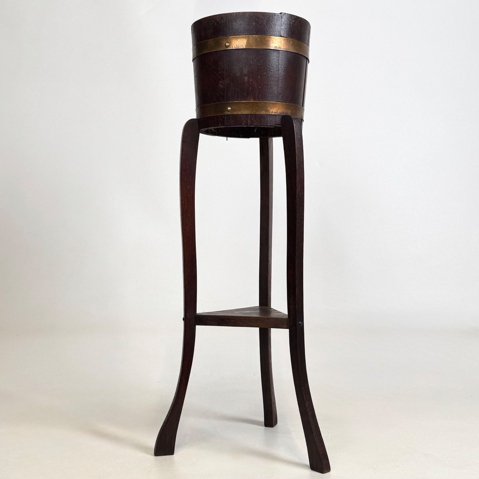 Antique 20th Century Brass Bound Barrel Plant Stand In Oak ( Af 5633 ) photo furniture