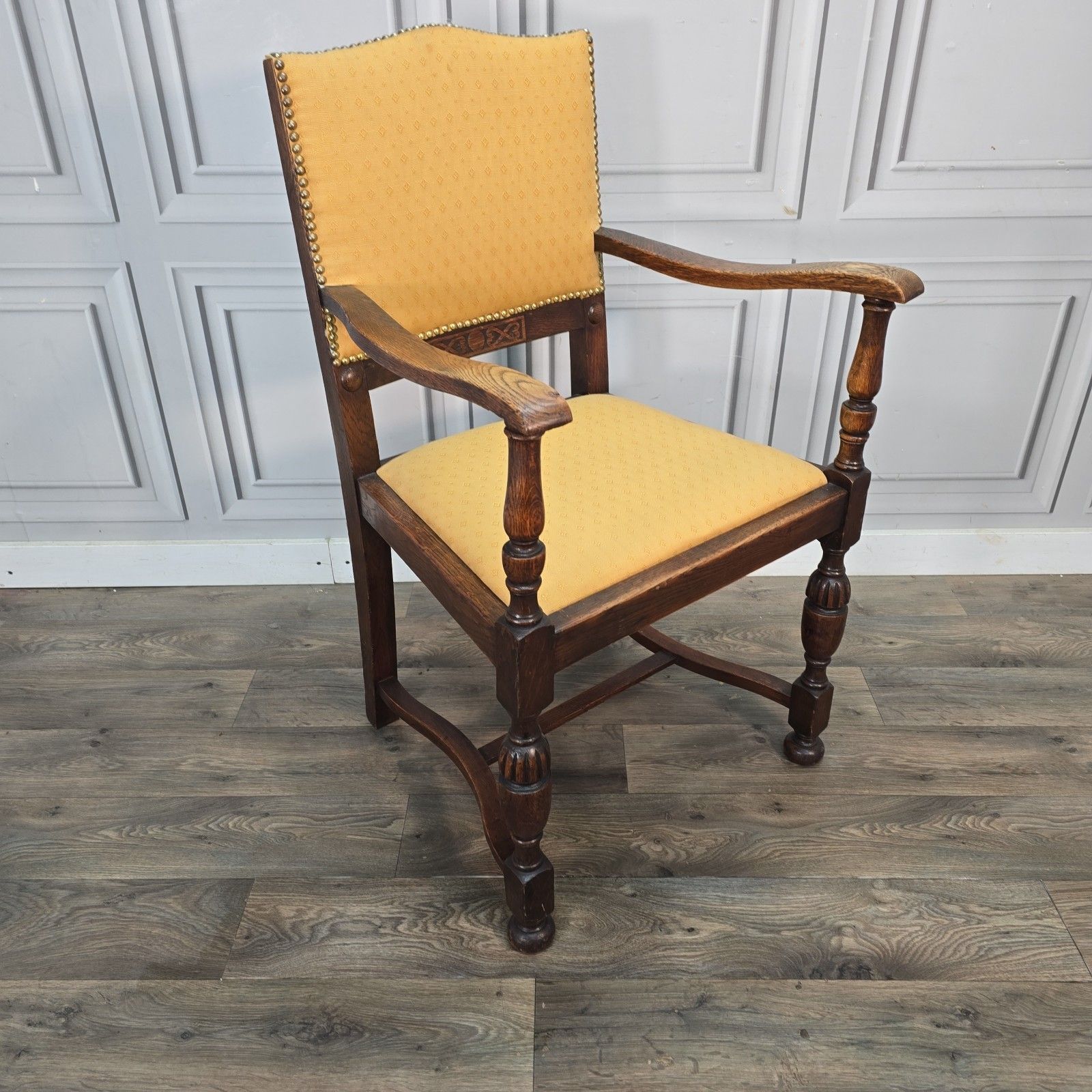 Antique Oak Armchair Carved Upholstered Seat Arts & Crafts Hall Chair Wooden photo furniture