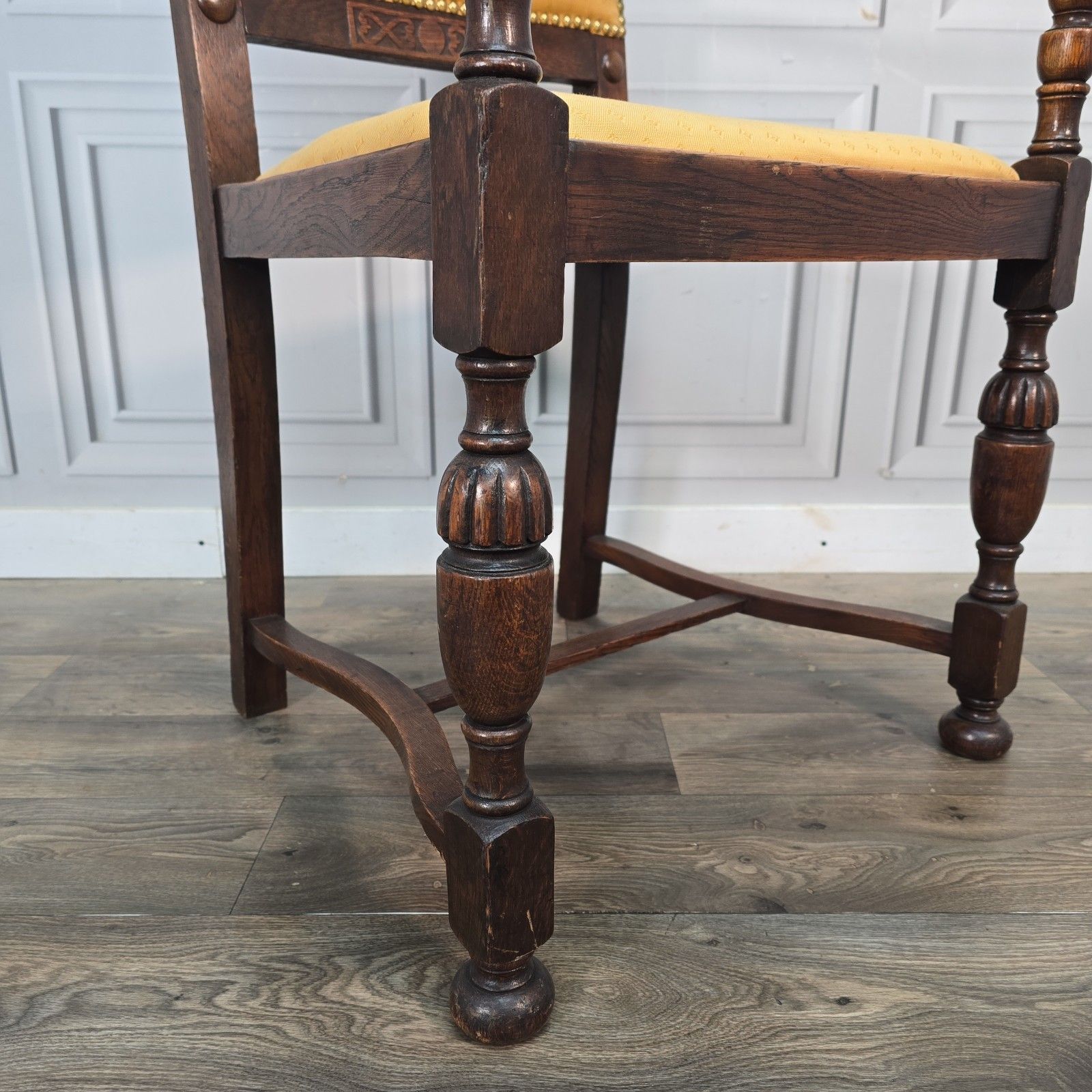 Antique Oak Armchair Carved Upholstered Seat Arts & Crafts Hall Chair Wooden photo Furniture