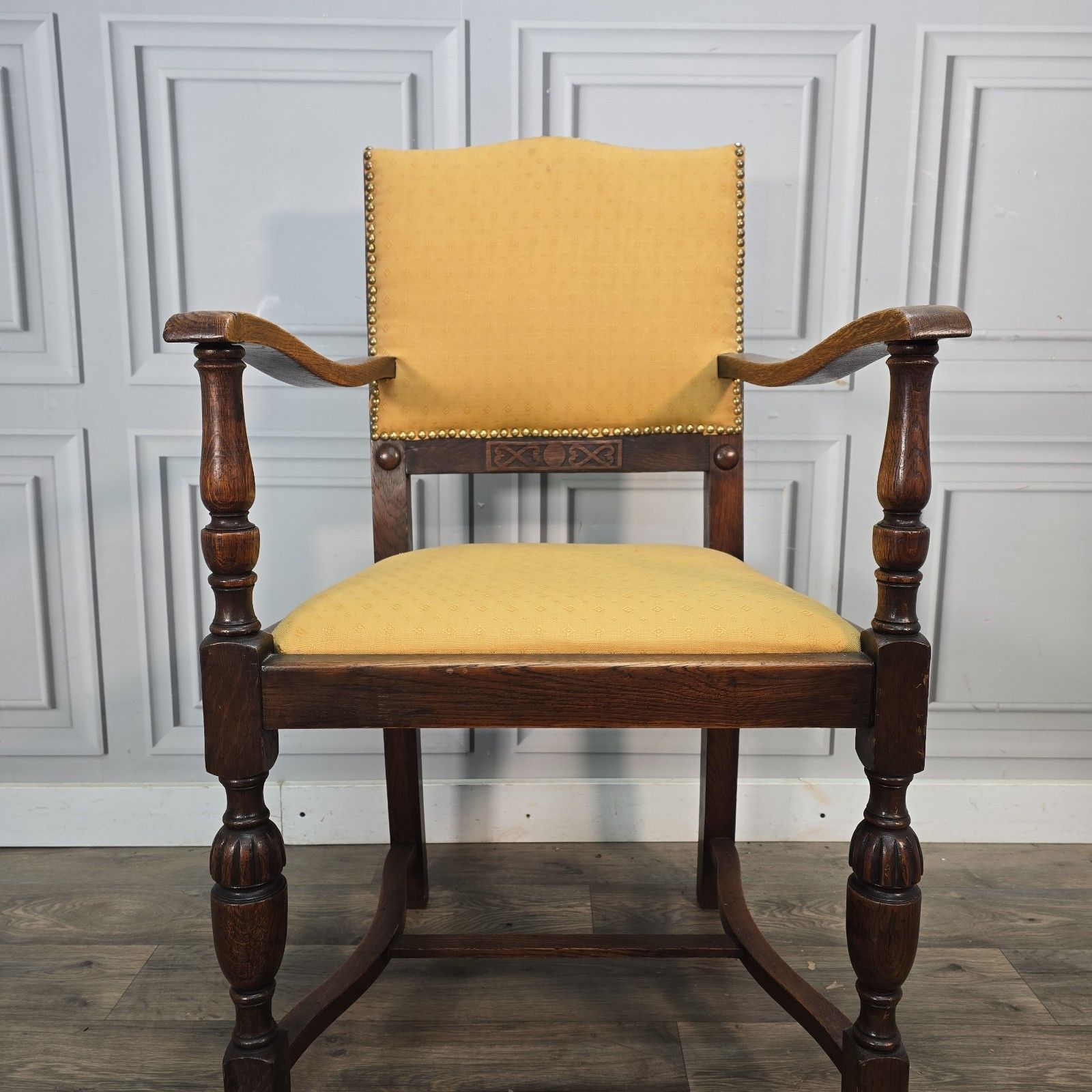 Antique Oak Armchair Carved Upholstered Seat Arts & Crafts Hall Chair Wooden photo vintage