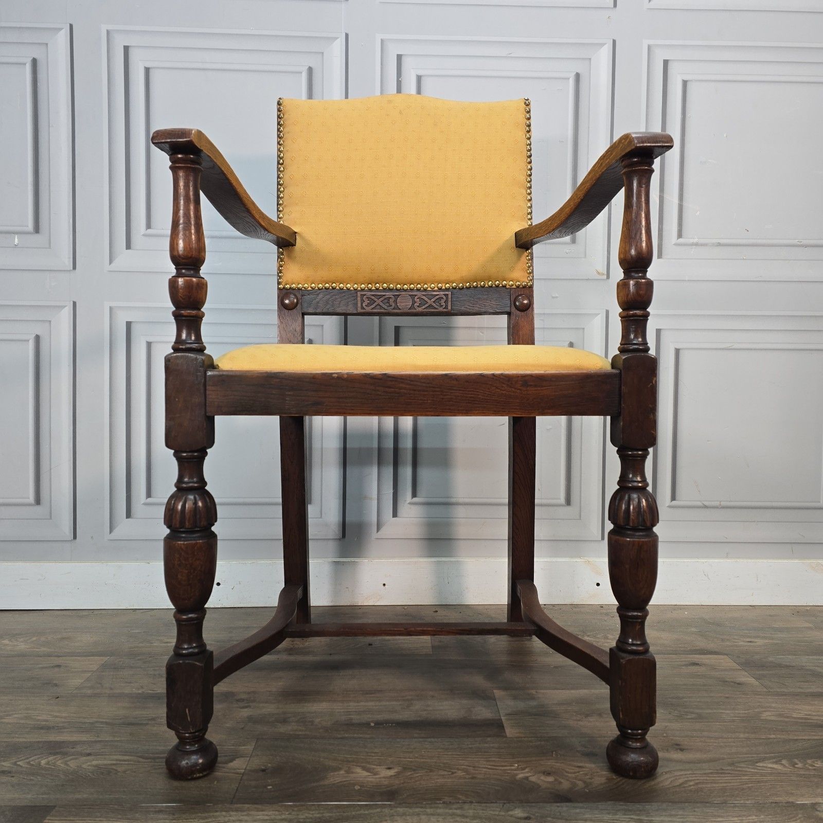 photo furniture Antique Oak Armchair Carved Upholstered Seat Arts & Crafts Hall Chair Wooden