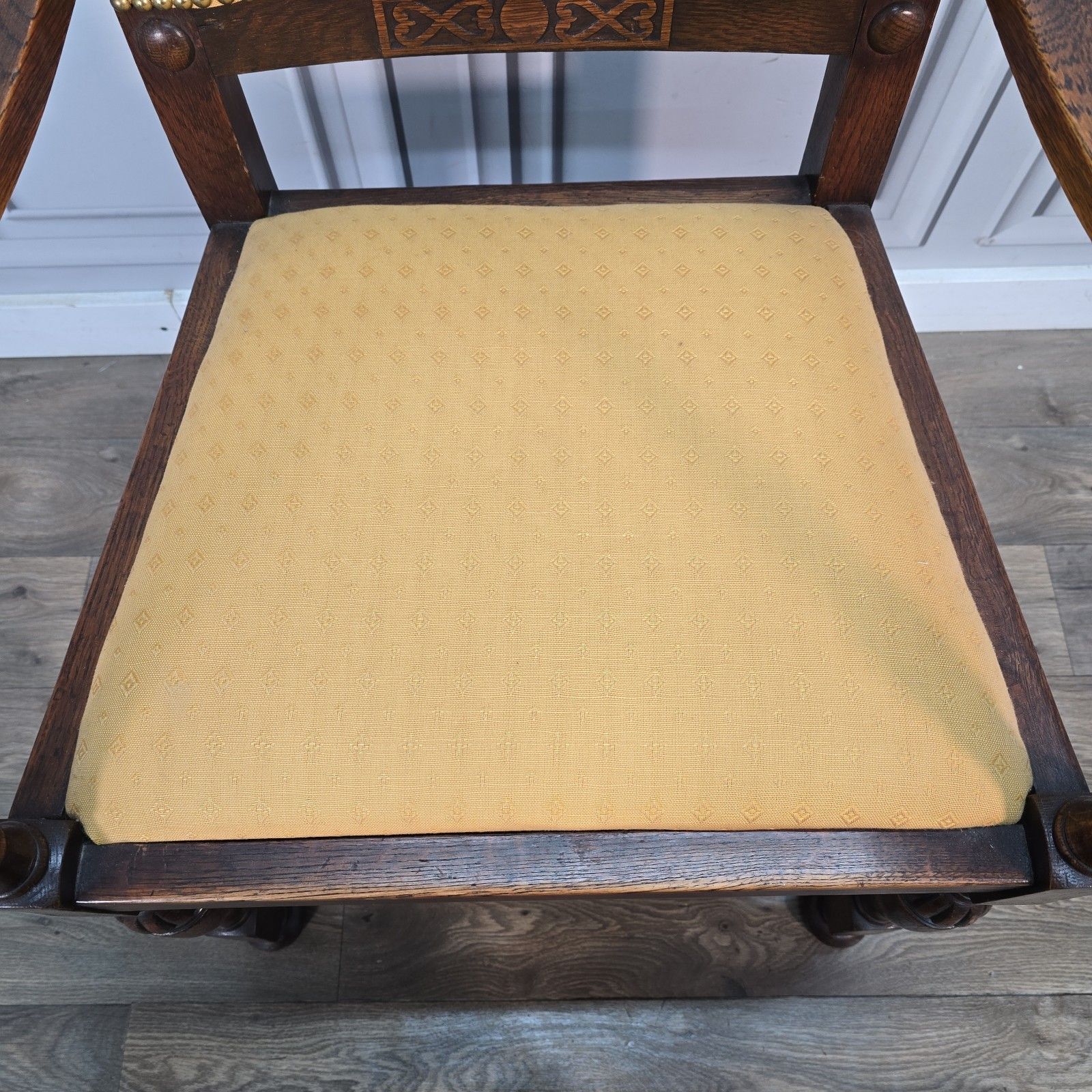 Furniture Antique Oak Armchair Carved Upholstered Seat Arts & Crafts Hall Chair Wooden photo