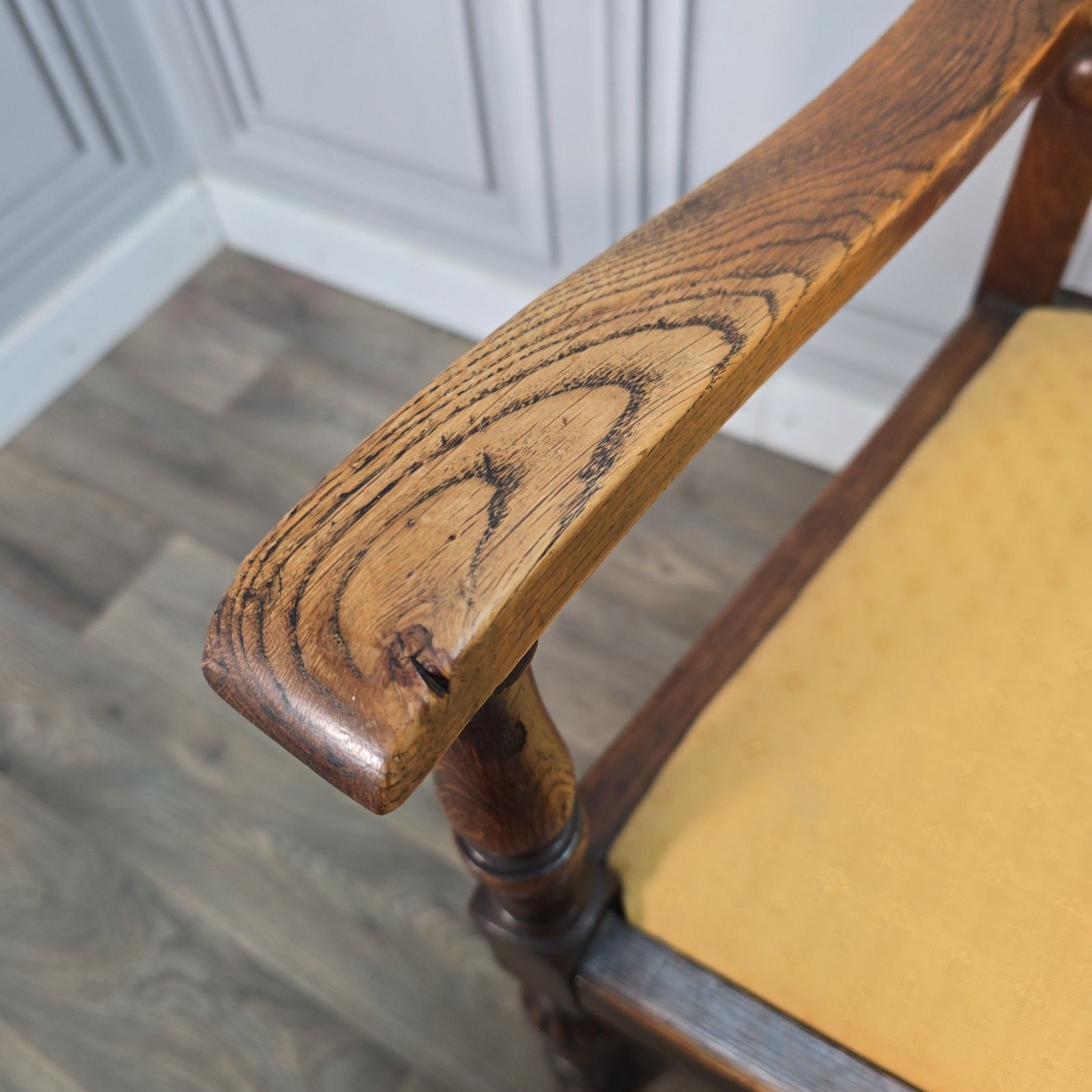 photo buy Antique Oak Armchair Carved Upholstered Seat Arts & Crafts Hall Chair Wooden
