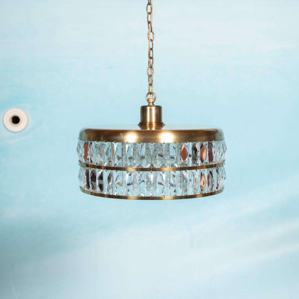 Vintage Glazen Hanglamp, Kristal, Messing, Mid Century Jaren 1960 photo furniture
