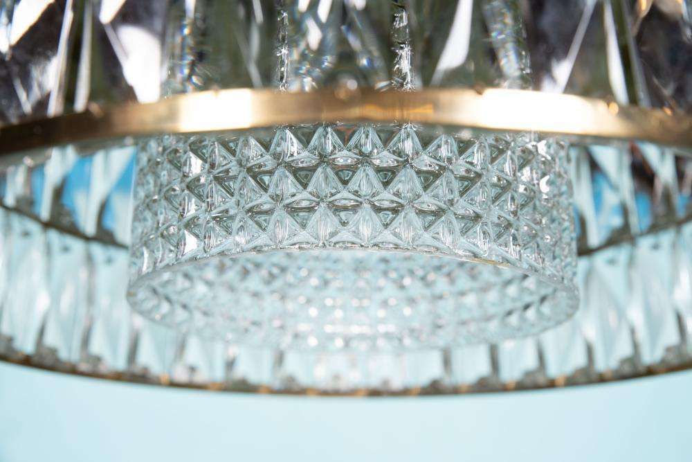 photo vintage Vintage Glazen Hanglamp, Kristal, Messing, Mid Century Jaren 1960