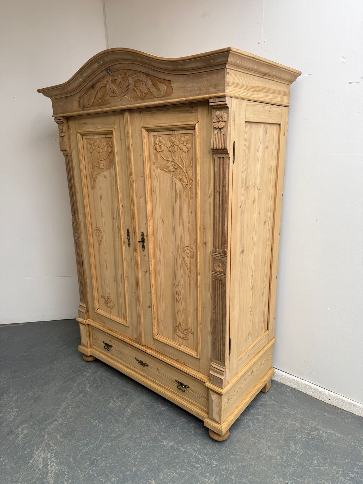 A Rare Pine Art Nouveau Carved Knockdown Wardrobe To Paint/Wax