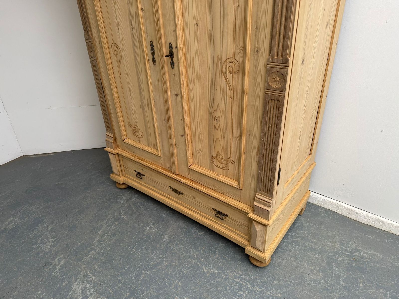 A Rare Pine Art Nouveau Carved Knockdown Wardrobe To Paint/Wax photo Furniture