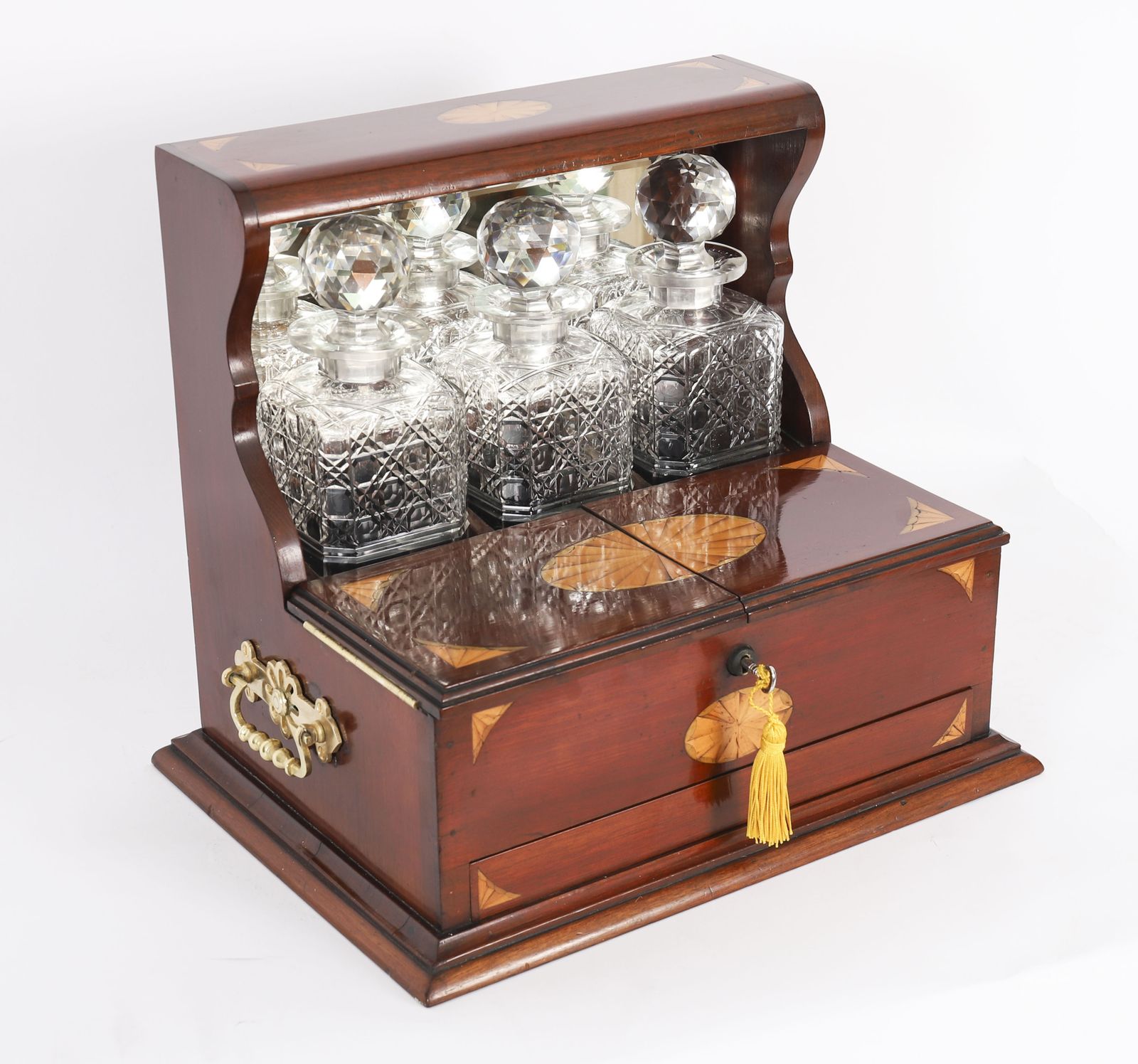 Antique Satin Wood Inlaid Three Cut Crystal Decanter Tantalus & Games 19th C photo furniture