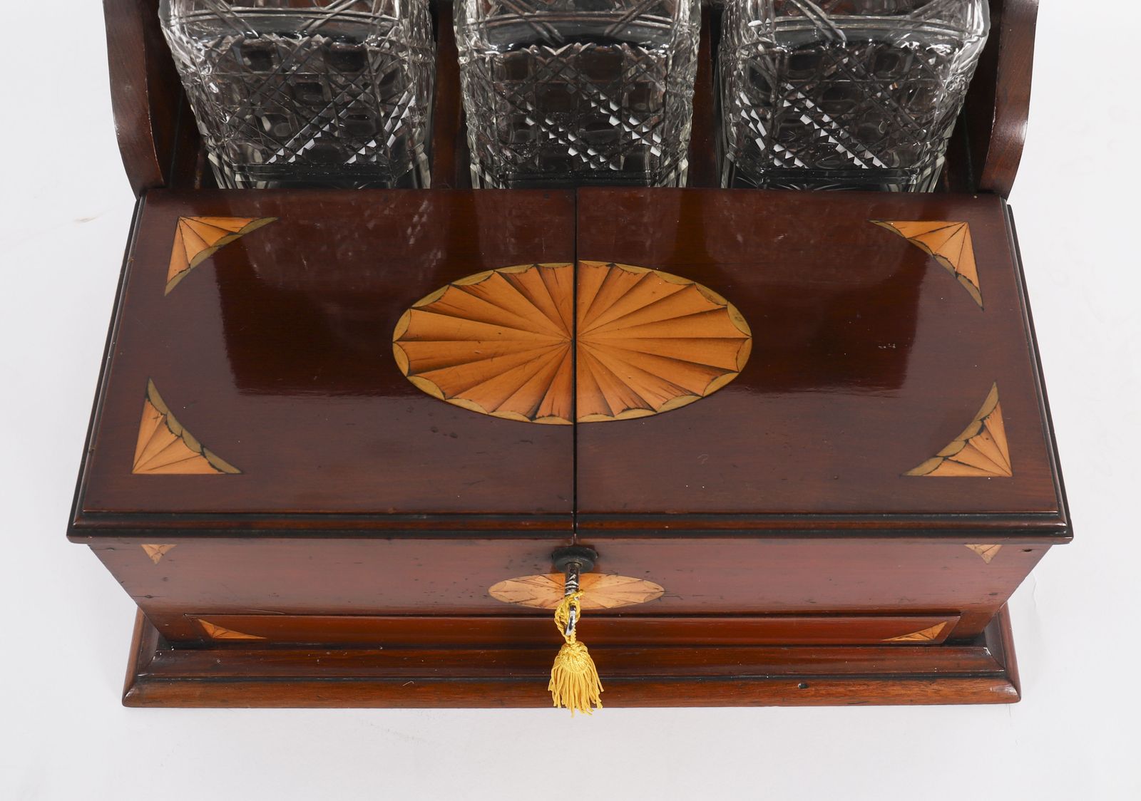 Antique Satin Wood Inlaid Three Cut Crystal Decanter Tantalus & Games 19th C photo Home Decor