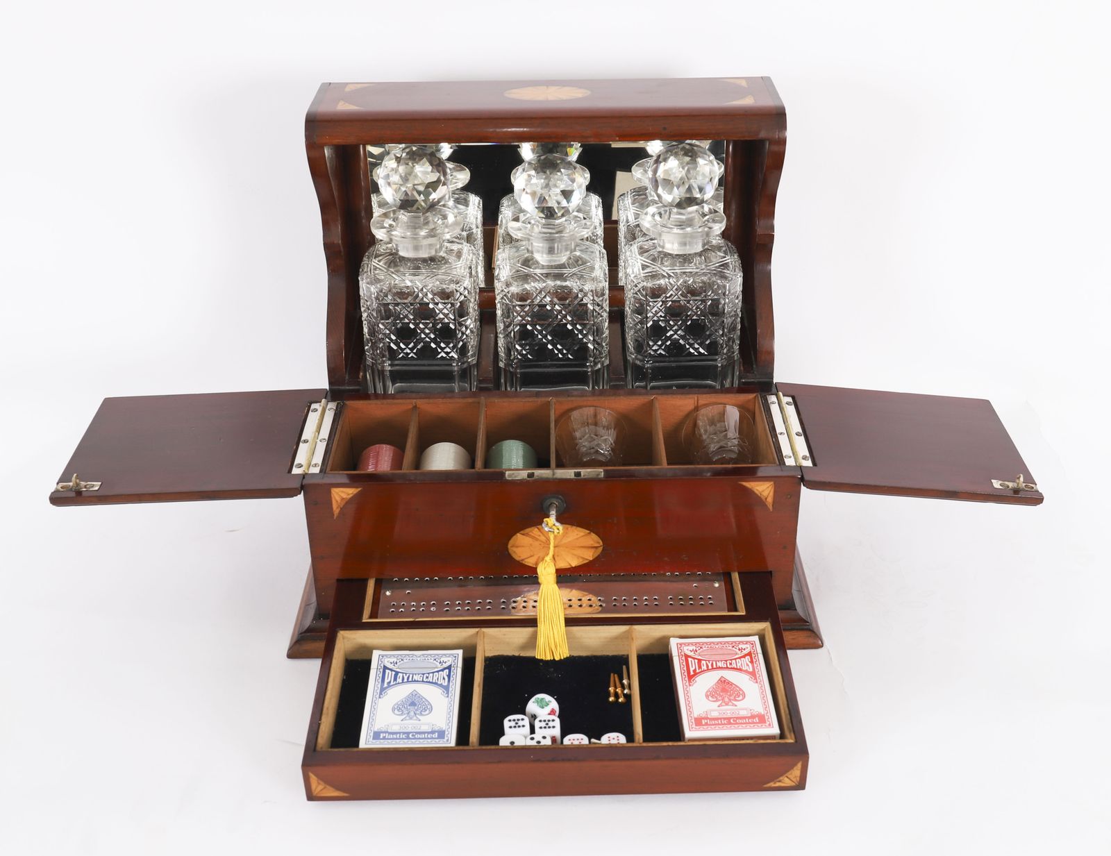 photo for sale Antique Satin Wood Inlaid Three Cut Crystal Decanter Tantalus & Games 19th C