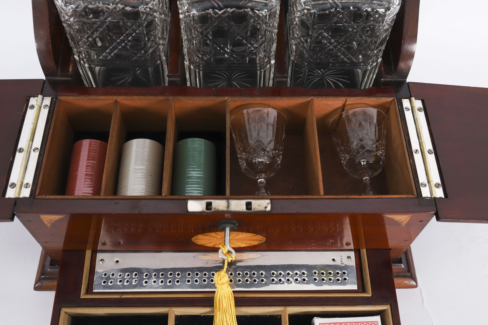 Home Decor Antique Satin Wood Inlaid Three Cut Crystal Decanter Tantalus & Games 19th C photo