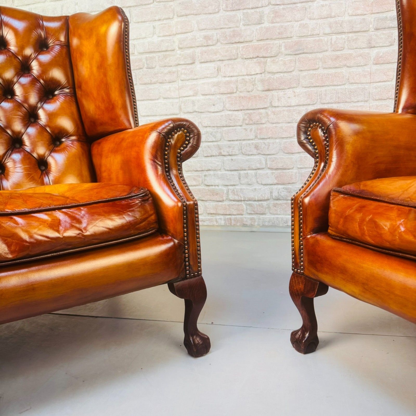 photo buy Vintage English Pair Of Hand Dyed Tan Leather Wingback Chairs