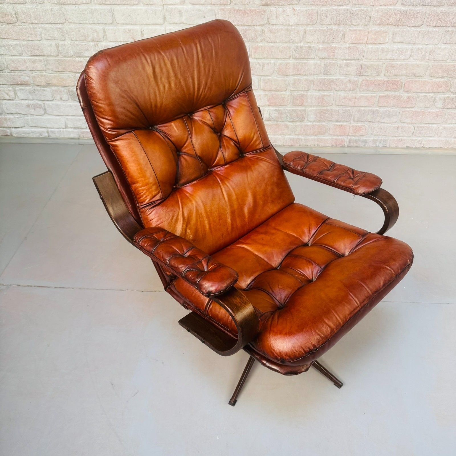 photo furniture Vintage Danish Hand Dyed Tan Leather Swivel Chair – Neat Proportions