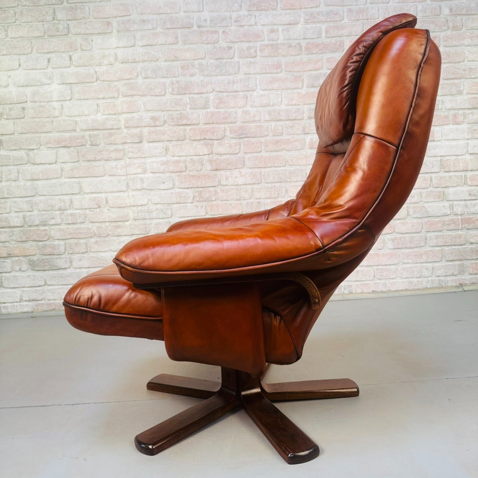 photo for sale Vintage Danish Tan Leather Reclining Chair & Matching Footstool