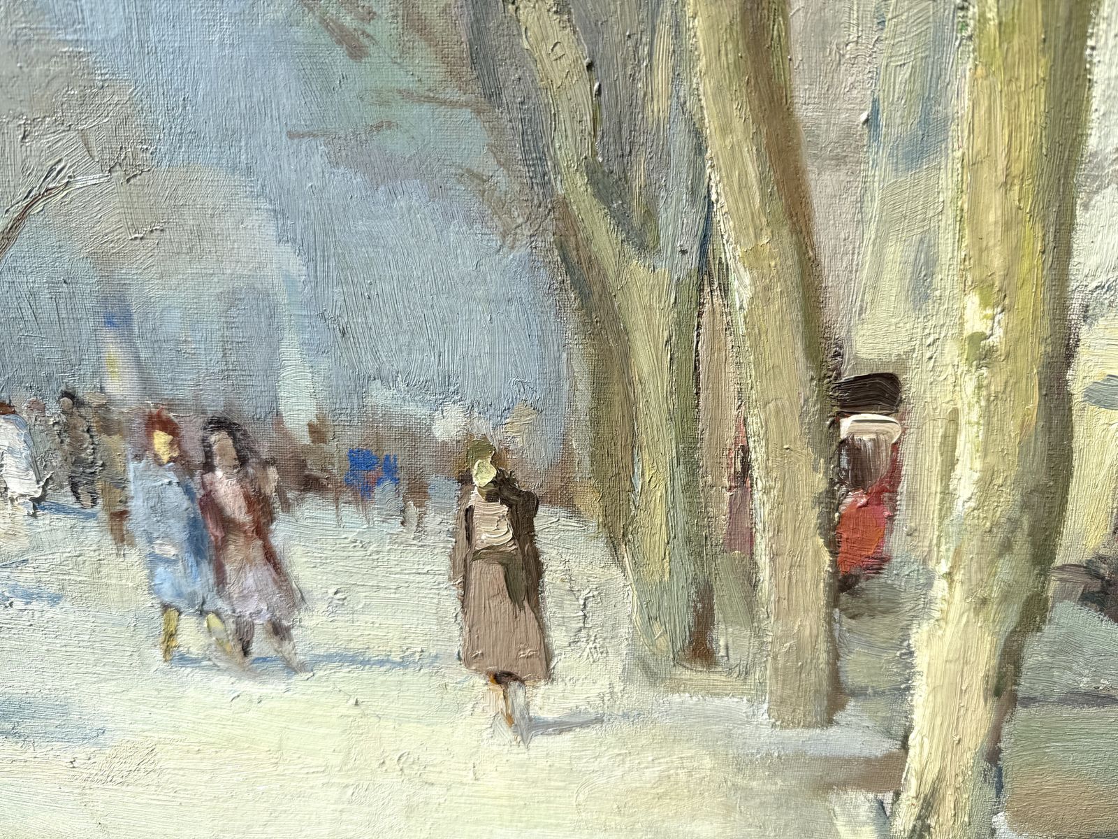 Ramon Sanvisens Marfull Elegant Barcelona Boulevard Scene With Figures, Catalan Impressionist Oil Canvas 1960s photo for sale