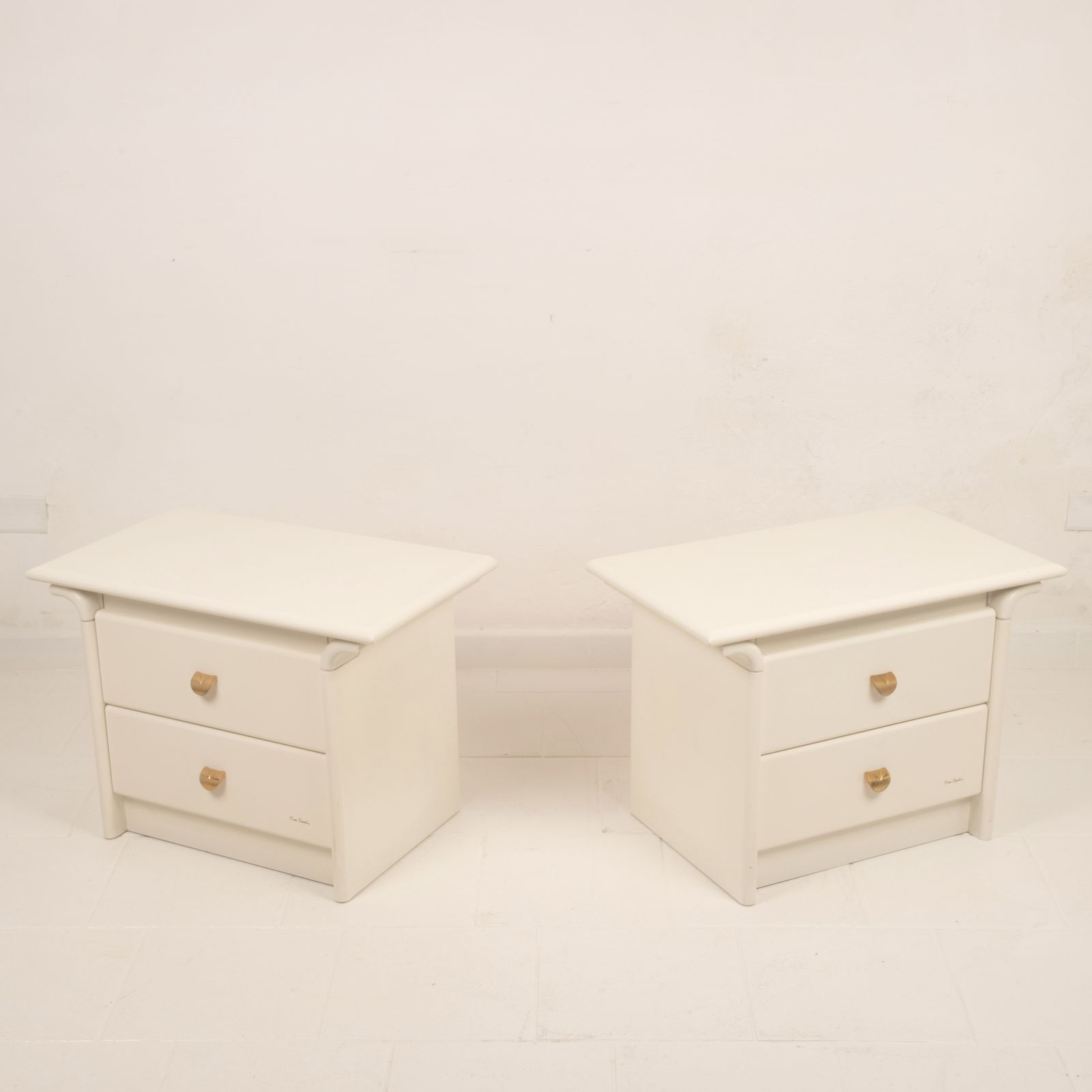 photo for sale Pair Of Cream Lacquered Bedside Tables By Pierre Cardin, 1980